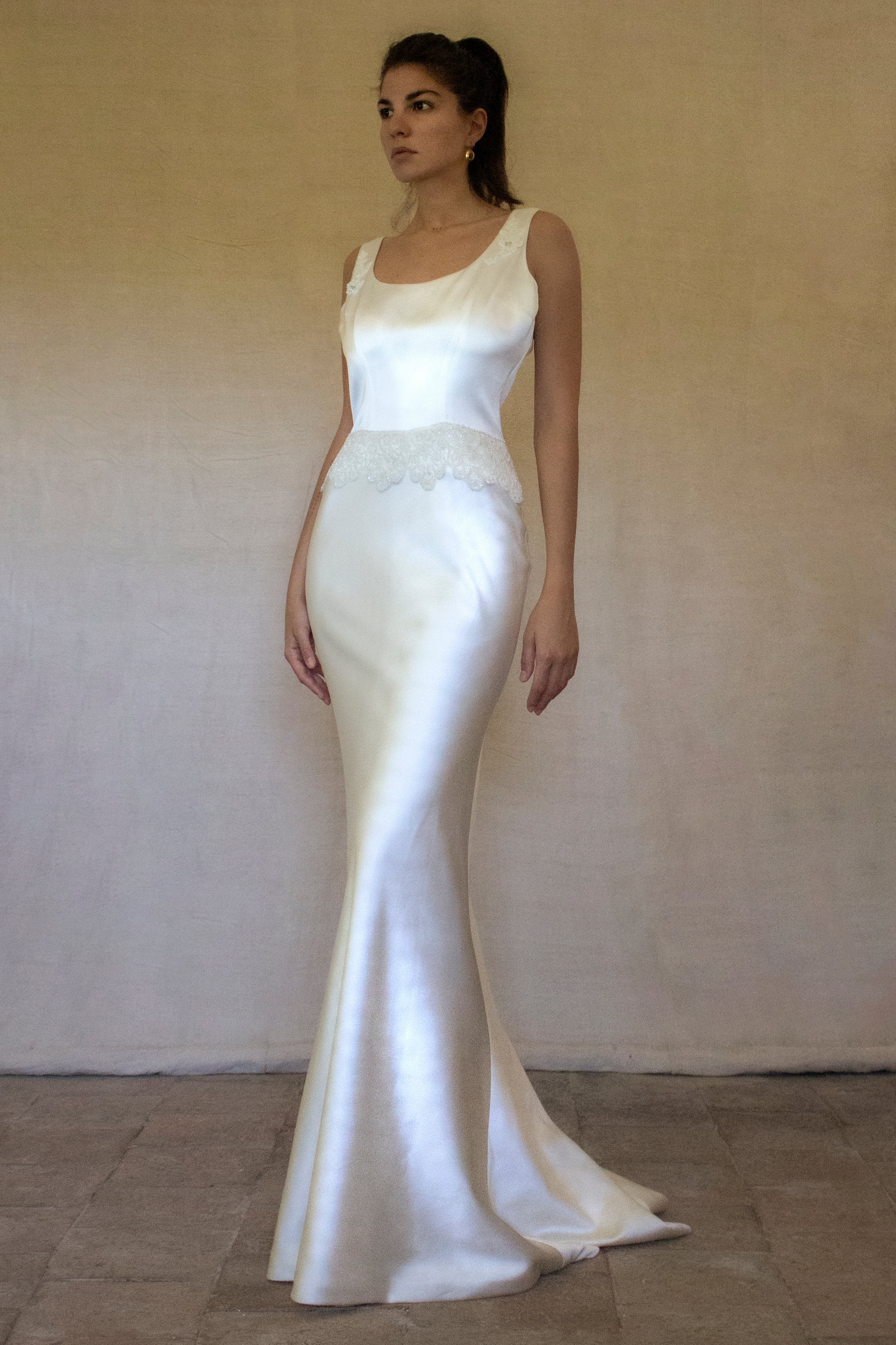 360 - VINTAGE SLIP STYLE WEDDING DRESS: CREAM FLUID SATIN GOWN WITH EMBROIDERED TULLE CAPE