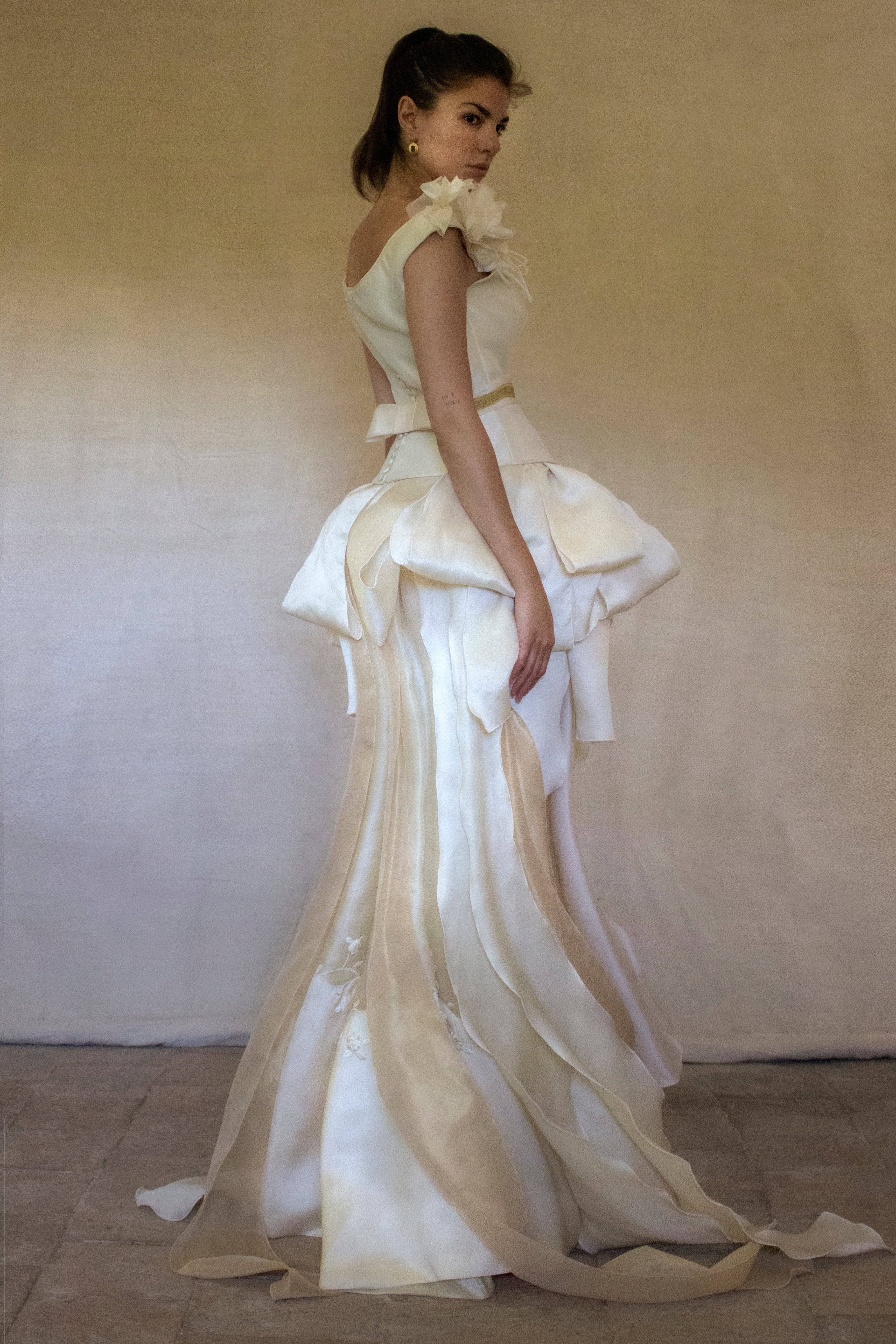 357 - VINTAGE 90s UPCYCLED SILK ORGANZA WEDDING DRESS: EMBROIDERED GOWN WITH HANDMADE FRINGE