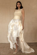 337 - IVORY CHAMPAGNE UPCYCLED COUTURE WEDDING DRESS: MIXED VINTAGE SILKS WITH HAND-EMBROIDERED LACE & FLORAL RAMAGE - Vague atelier
