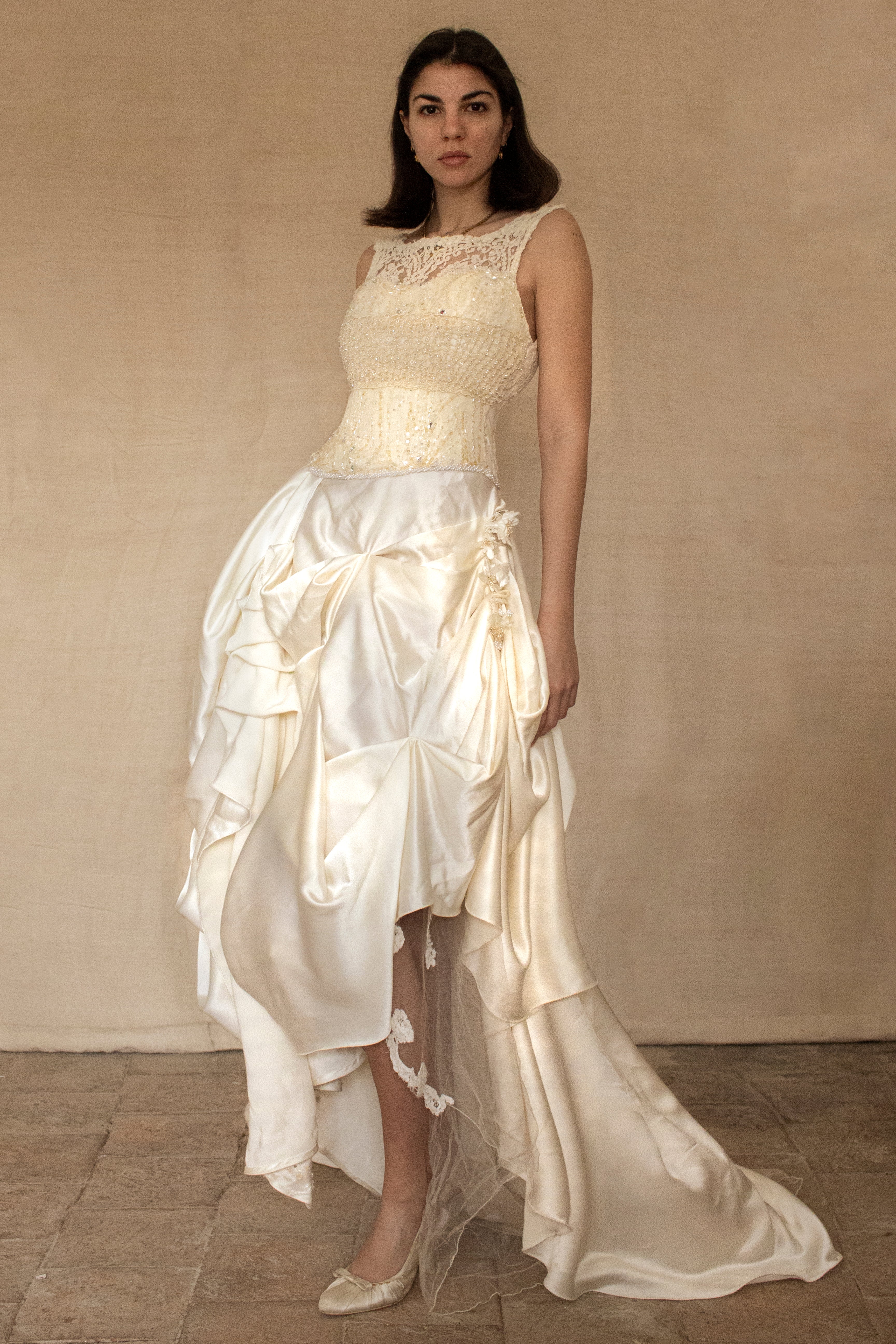 337 - IVORY CHAMPAGNE UPCYCLED COUTURE WEDDING DRESS: MIXED VINTAGE SILKS WITH HAND-EMBROIDERED LACE & FLORAL RAMAGE