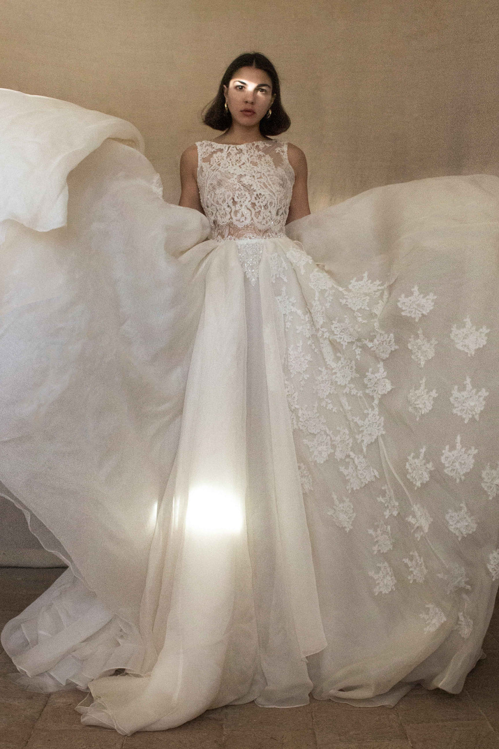 331 - ONE OF A KIND UPCYCLED VINTAGE BRIDAL GOWN: ASYMMETRIC LAYERED SILK CLOUD SKIRT & EMBROIDERED LACE