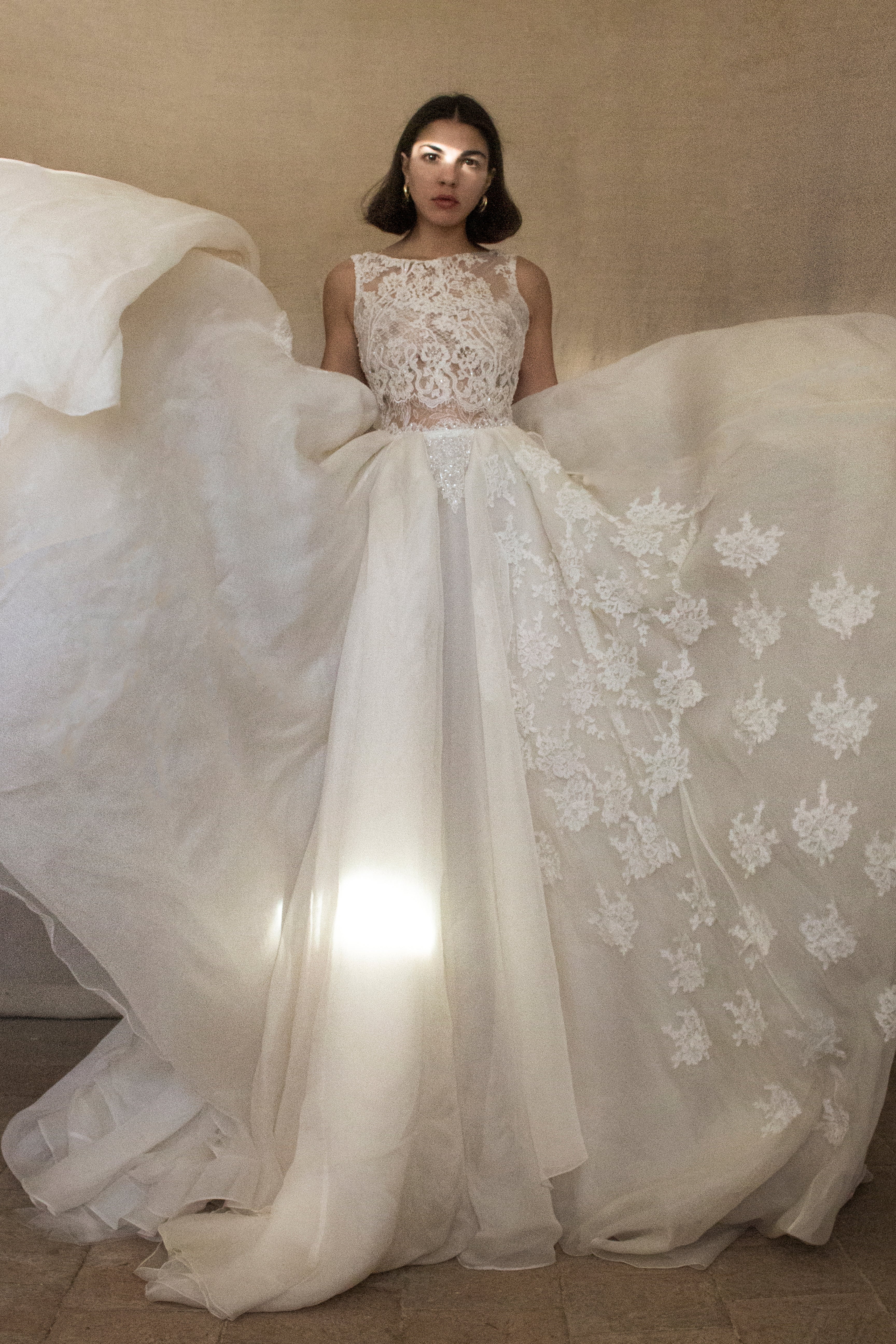 331 - ONE OF A KIND UPCYCLED VINTAGE BRIDAL GOWN: ASYMMETRIC LAYERED SILK CLOUD SKIRT & EMBROIDERED LACE