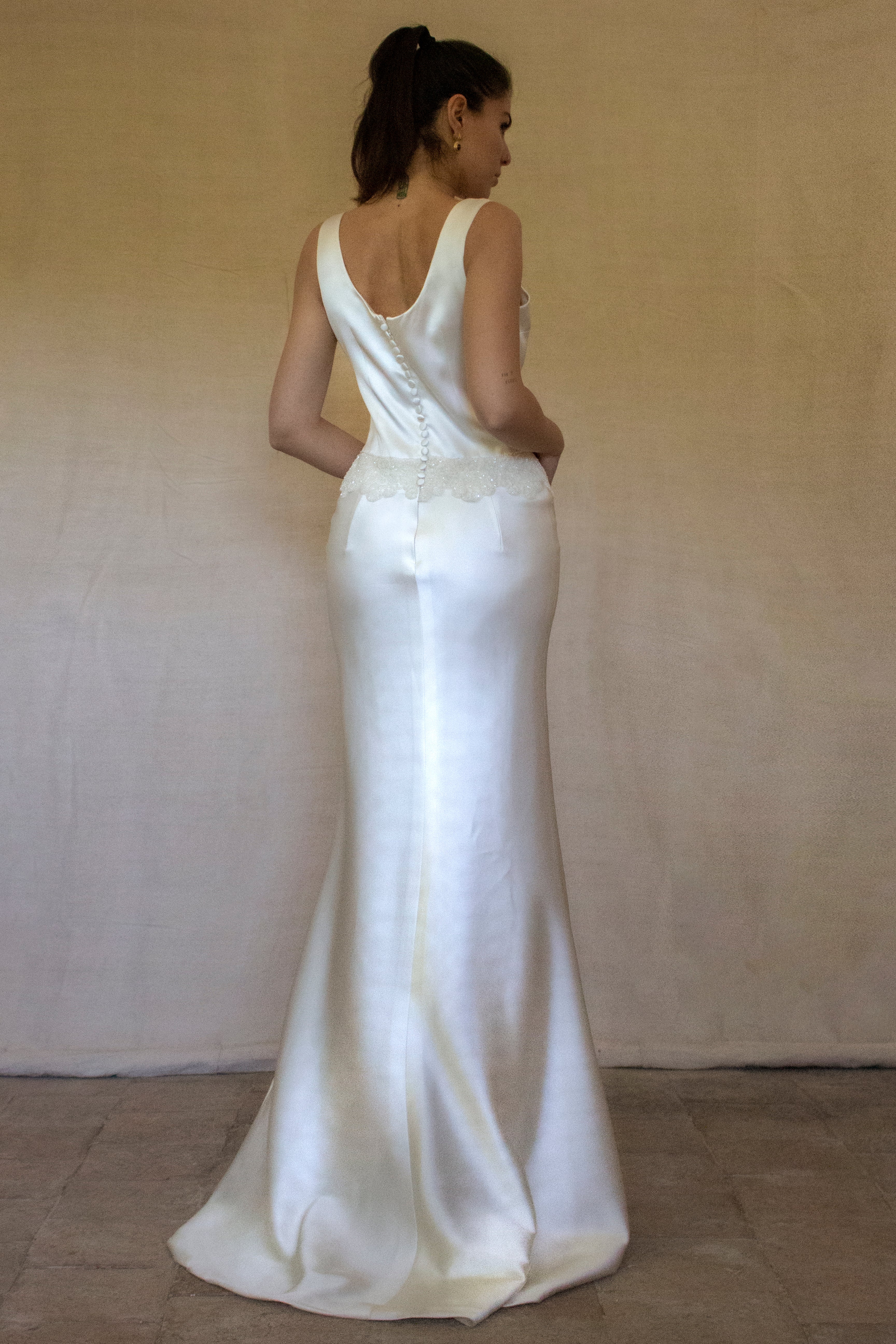 360 - VINTAGE SLIP STYLE WEDDING DRESS: CREAM FLUID SATIN GOWN WITH EMBROIDERED TULLE CAPE