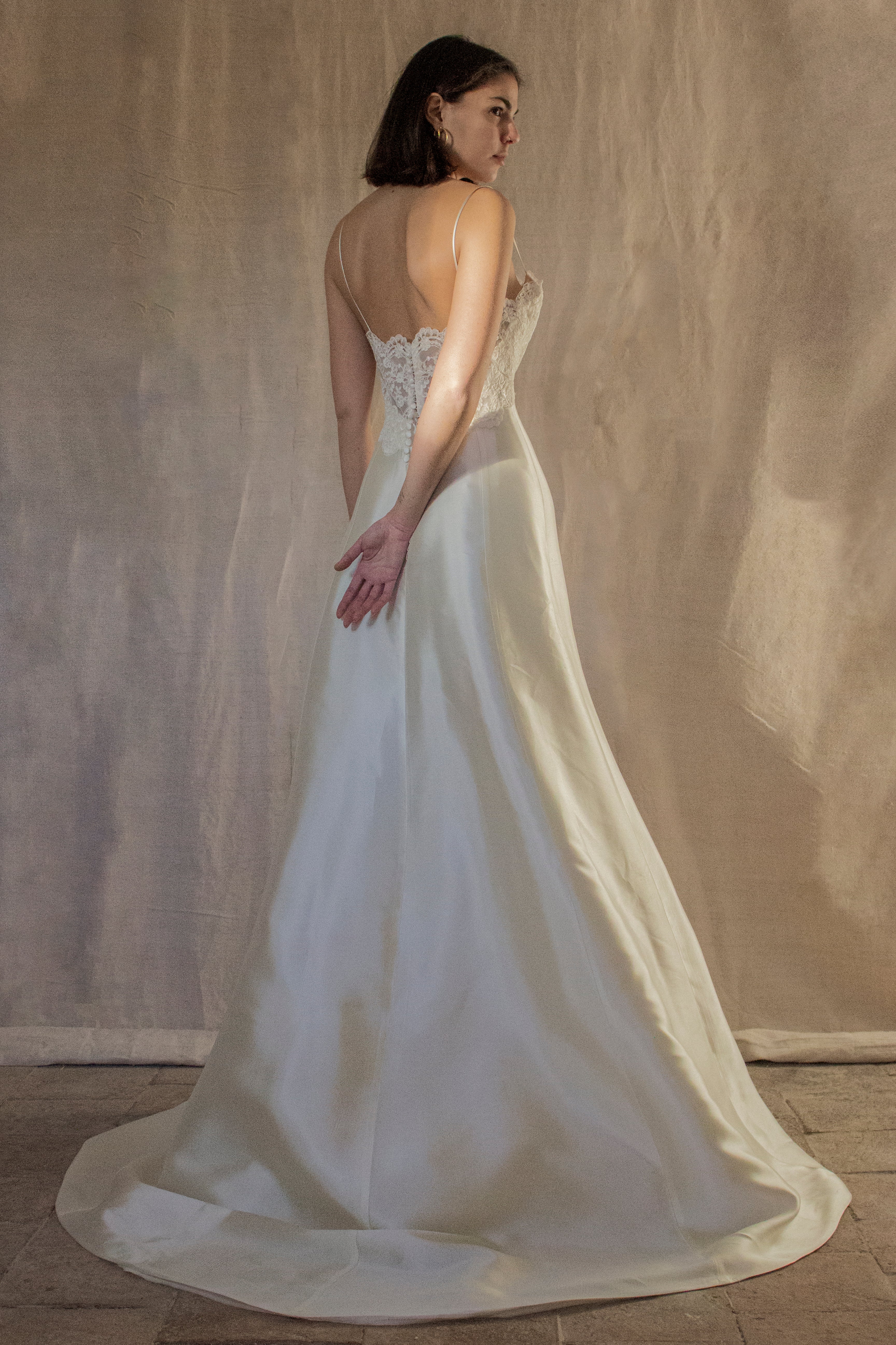 329 - TIMELESS VINTAGE BRIDAL A-LINE GOWN: LACE BODICE & SATIN TRAPEZE SKIRT WITH BUTTONS