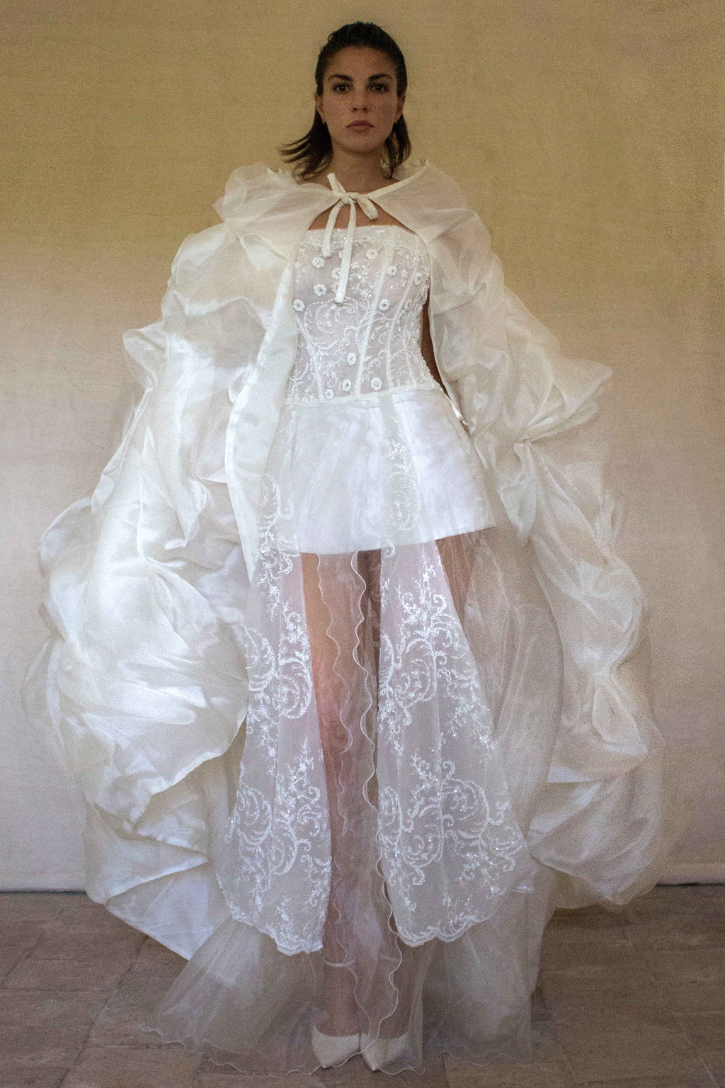 365 - VINTAGE 90s UPCYCLED EMBROIDERED WEDDING DRESS: STRAPLESS WRAP GOWN WITH IRIDESCENT DRAMA CAPE