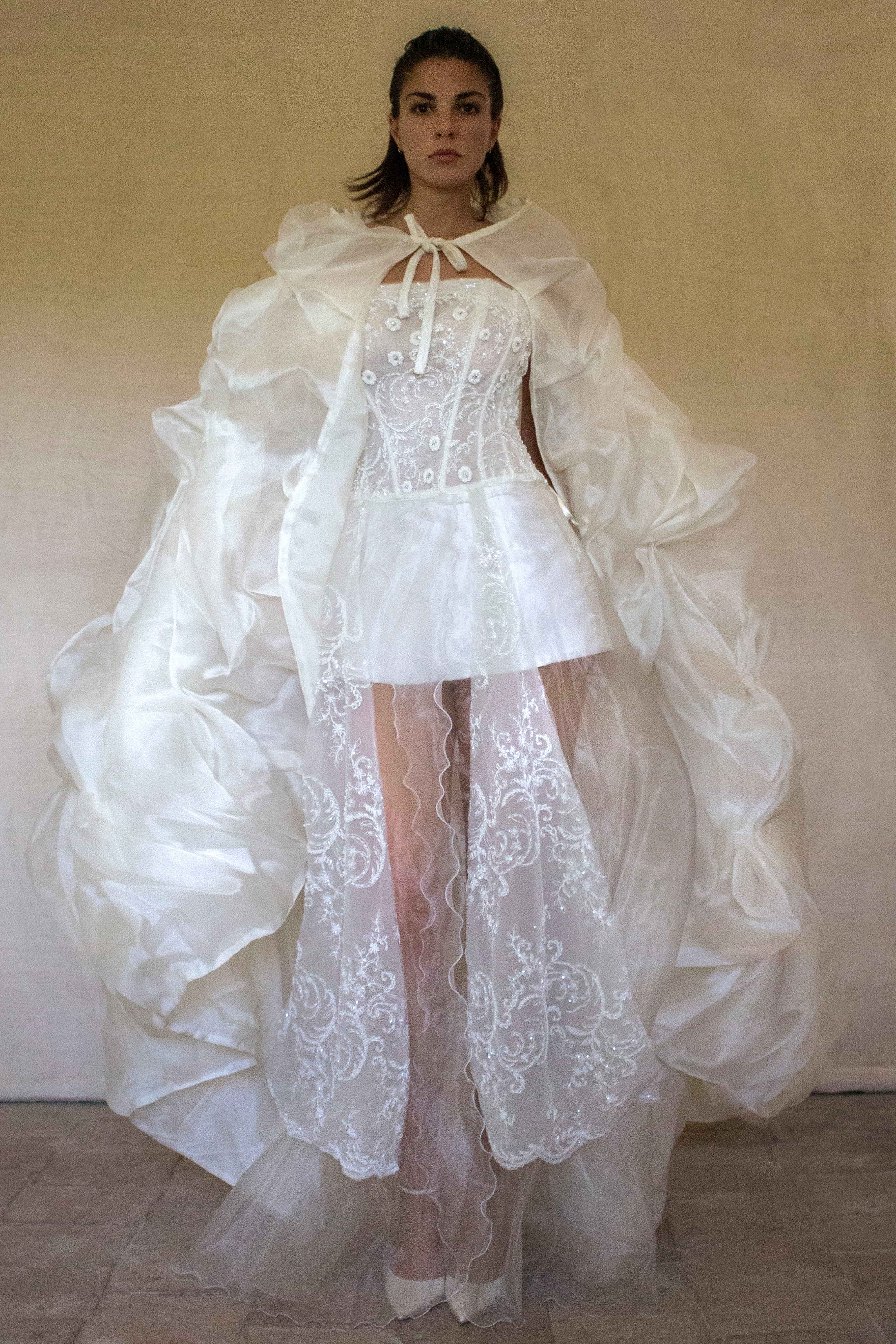 365 - VINTAGE 90s UPCYCLED EMBROIDERED WEDDING DRESS: STRAPLESS WRAP GOWN WITH IRIDESCENT DRAMA CAPE
