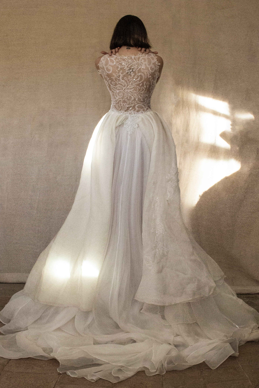 331 - ONE OF A KIND UPCYCLED VINTAGE BRIDAL GOWN: ASYMMETRIC LAYERED SILK CLOUD SKIRT & EMBROIDERED LACE
