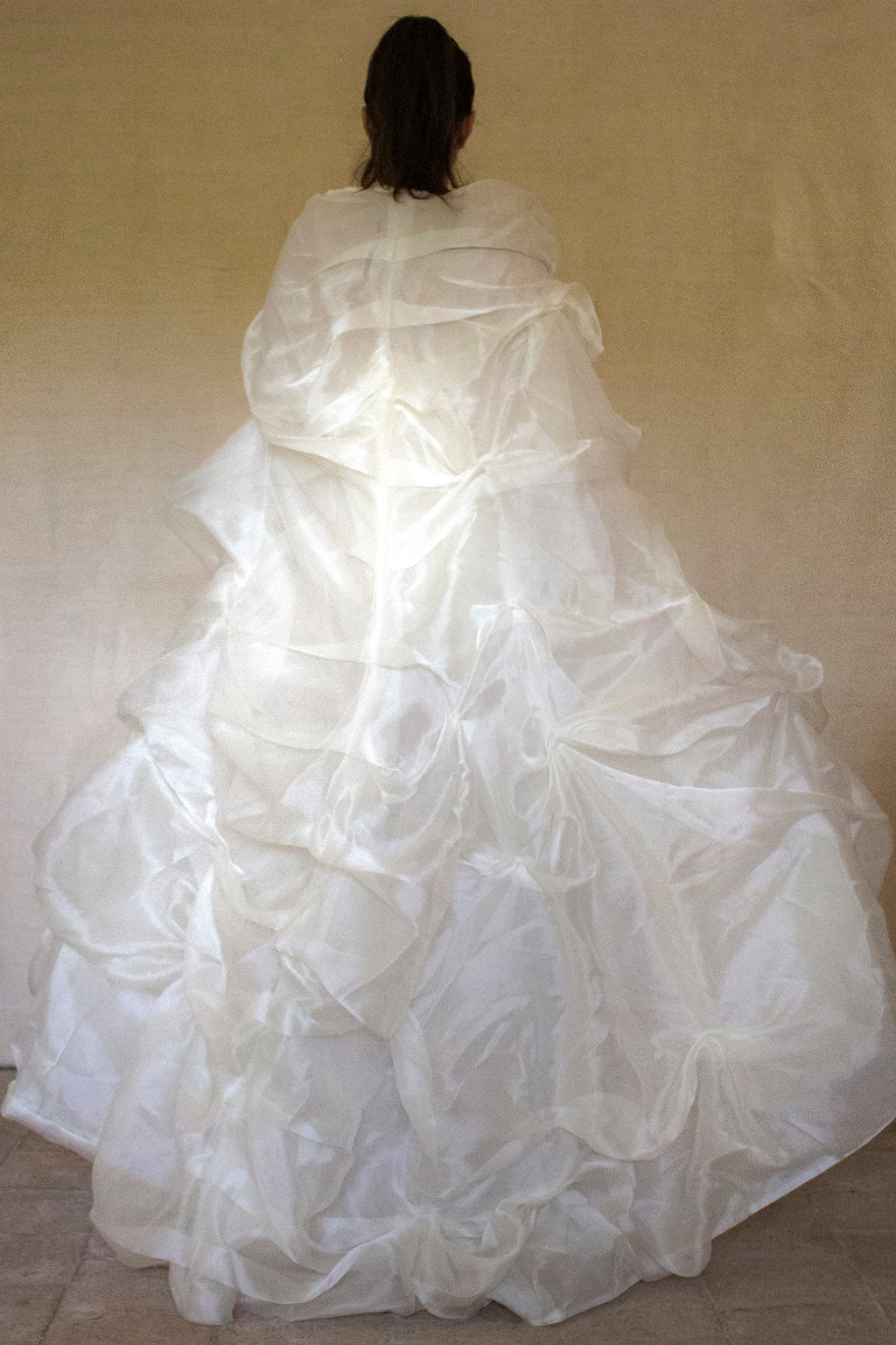 365 - VINTAGE 90s UPCYCLED EMBROIDERED WEDDING DRESS: STRAPLESS WRAP GOWN WITH IRIDESCENT DRAMA CAPE