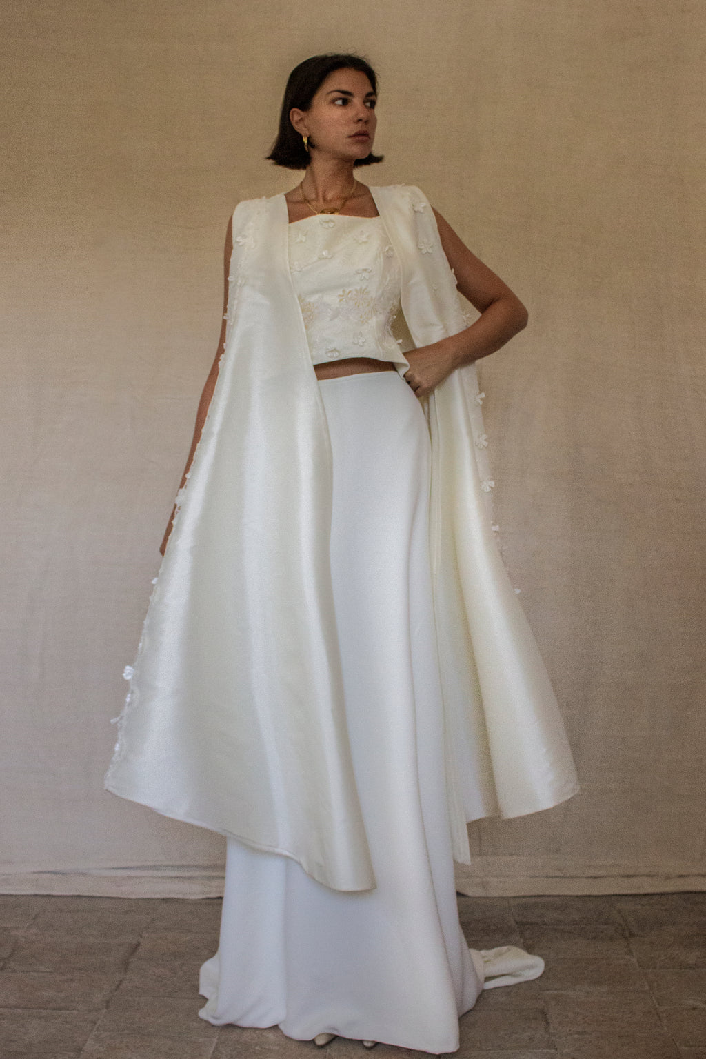 293 - UNIQUE UPCYCLED 3-PIECE BRIDAL SET: 3D FLORAL TOP, MIKADO SKIRT & BRIDAL VEST