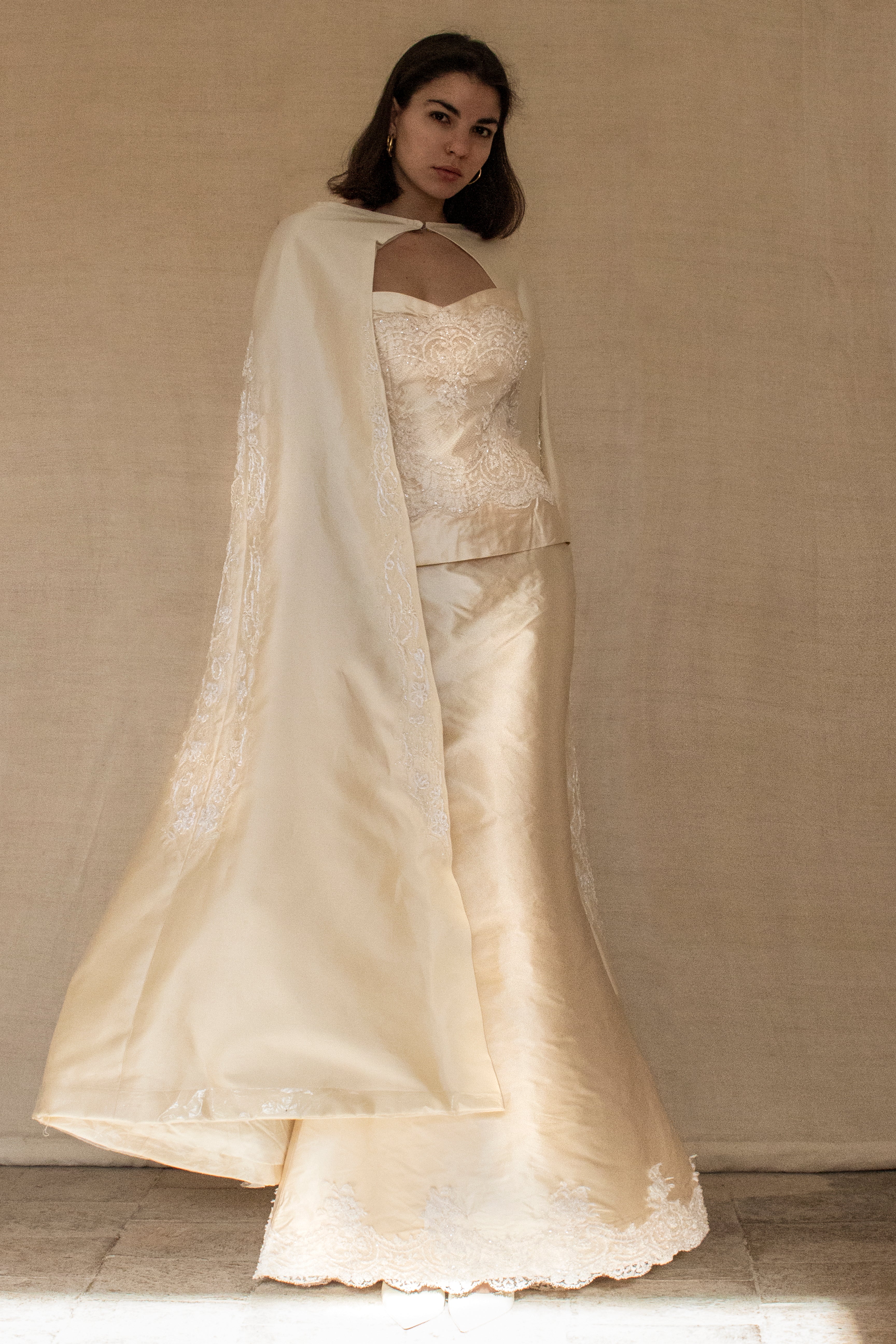 334 - IVORY SILK MIKADO VINTAGE WEDDING DRESS: COLUMN GOWN WITH EMBROIDERED CAPE & CRYSTALS