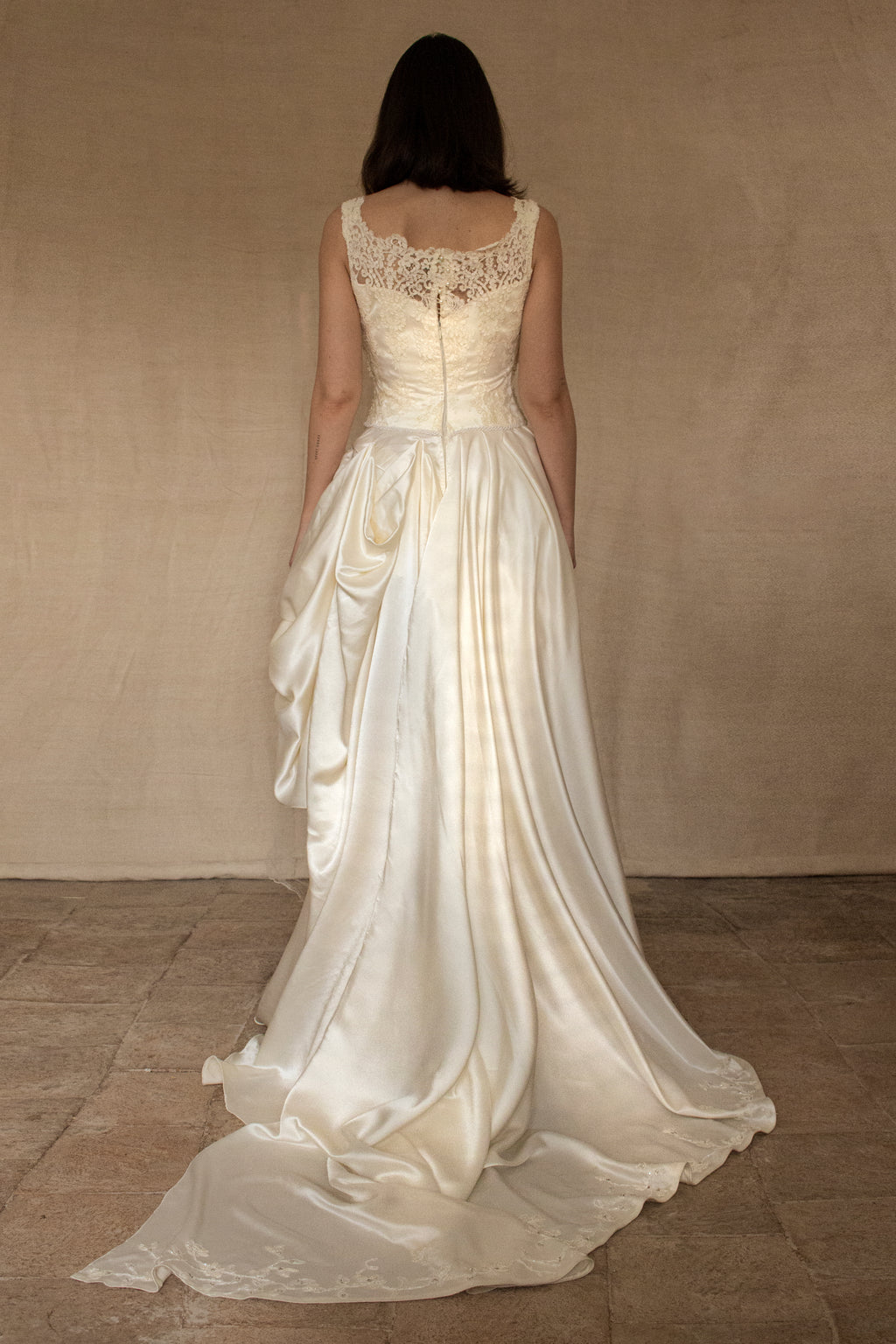 337 - IVORY CHAMPAGNE UPCYCLED COUTURE WEDDING DRESS: MIXED VINTAGE SILKS WITH HAND-EMBROIDERED LACE & FLORAL RAMAGE - Vague atelier
