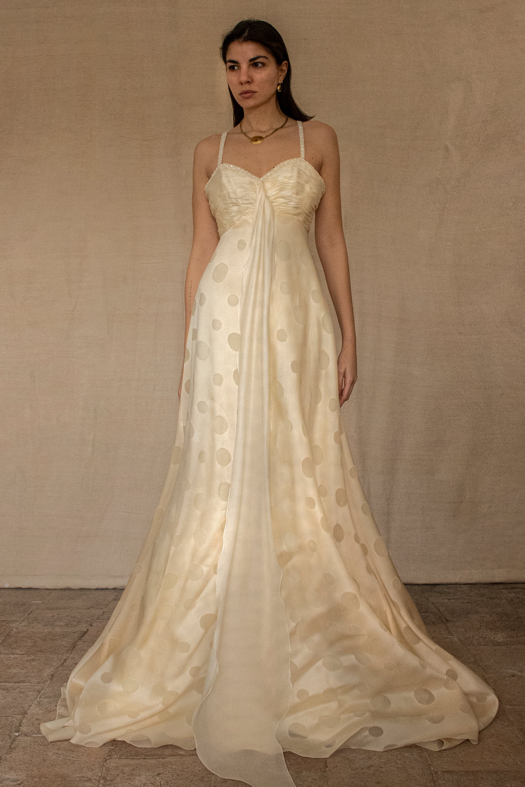 338 - IVORY CHAMPAGNE SILK ORGANZA WEDDING DRESS: POLKA / POIS DOT EMPIRE GOWN WITH BEADED STRAPS & FULL CIRCLE TRAIN - Vague atelier