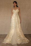 338 - IVORY CHAMPAGNE SILK ORGANZA WEDDING DRESS: POLKA / POIS DOT EMPIRE GOWN WITH BEADED STRAPS & FULL CIRCLE TRAIN - Vague atelier