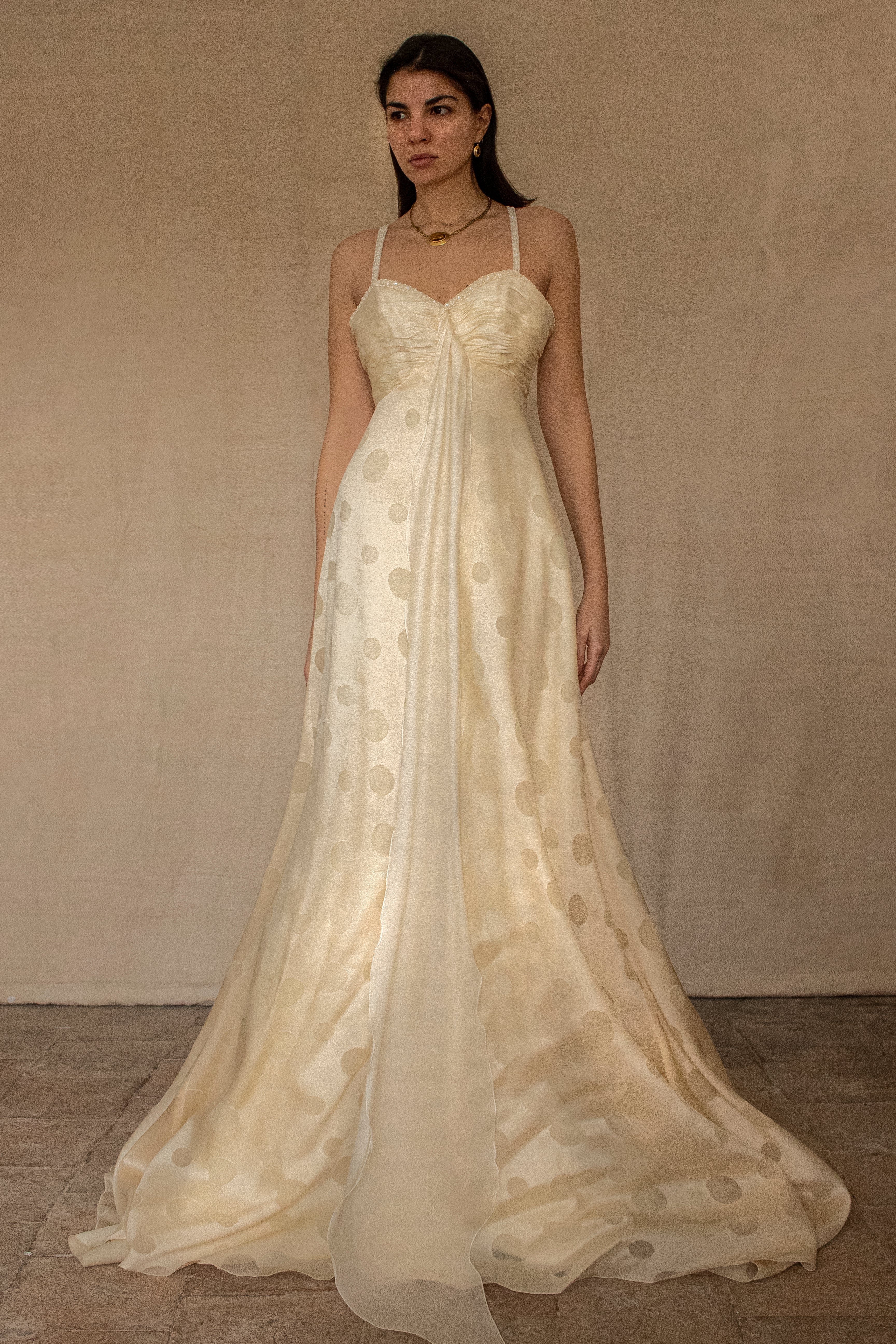 338 - IVORY CHAMPAGNE SILK ORGANZA WEDDING DRESS: POLKA / POIS DOT EMPIRE GOWN WITH BEADED STRAPS & FULL CIRCLE TRAIN