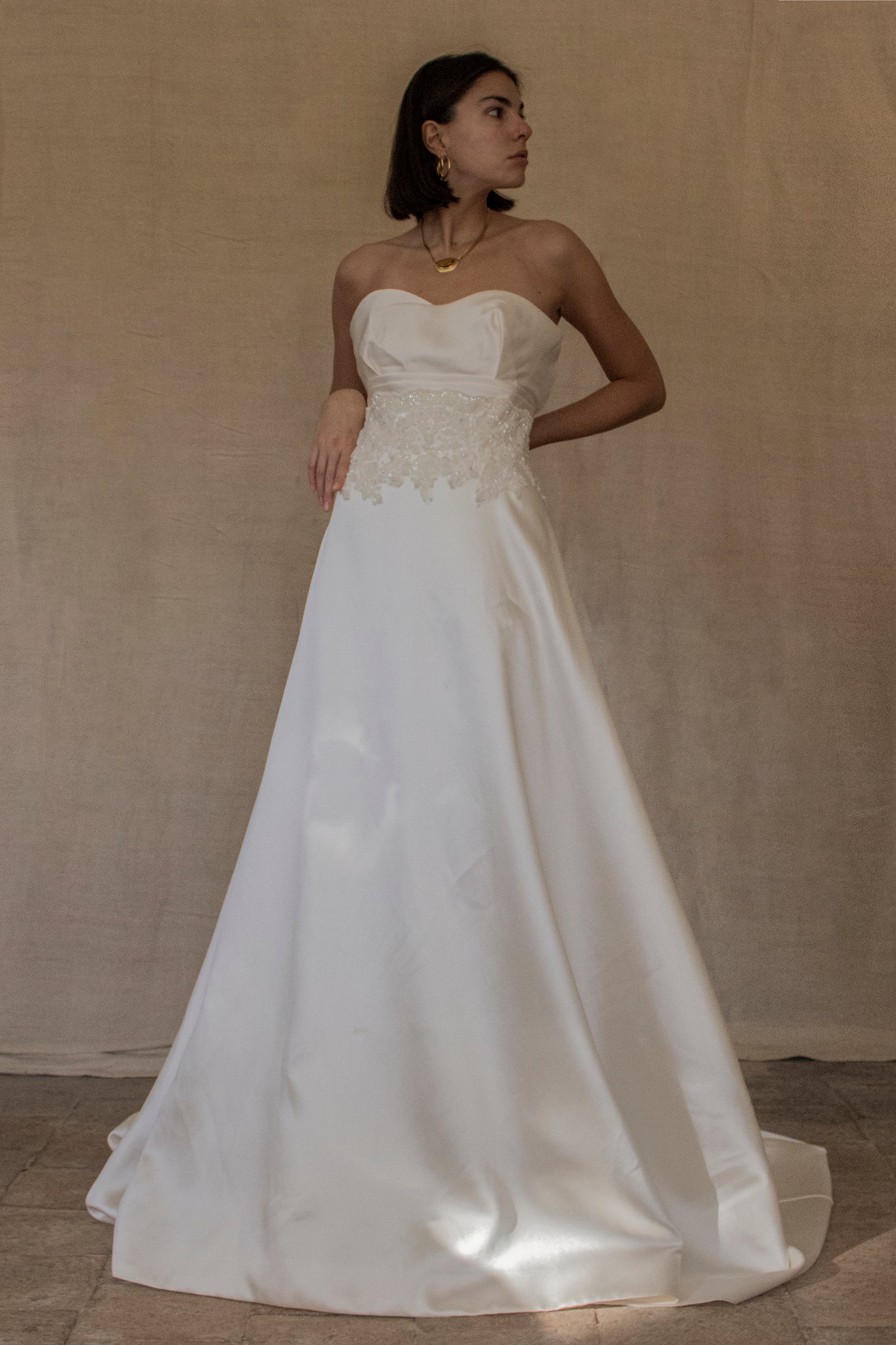 316 - STRAPLESS SILK MIKADO WEDDING DRESS: STRUCTURED A-LINE GOWN WITH HEART NECKLINE & TRAIN
