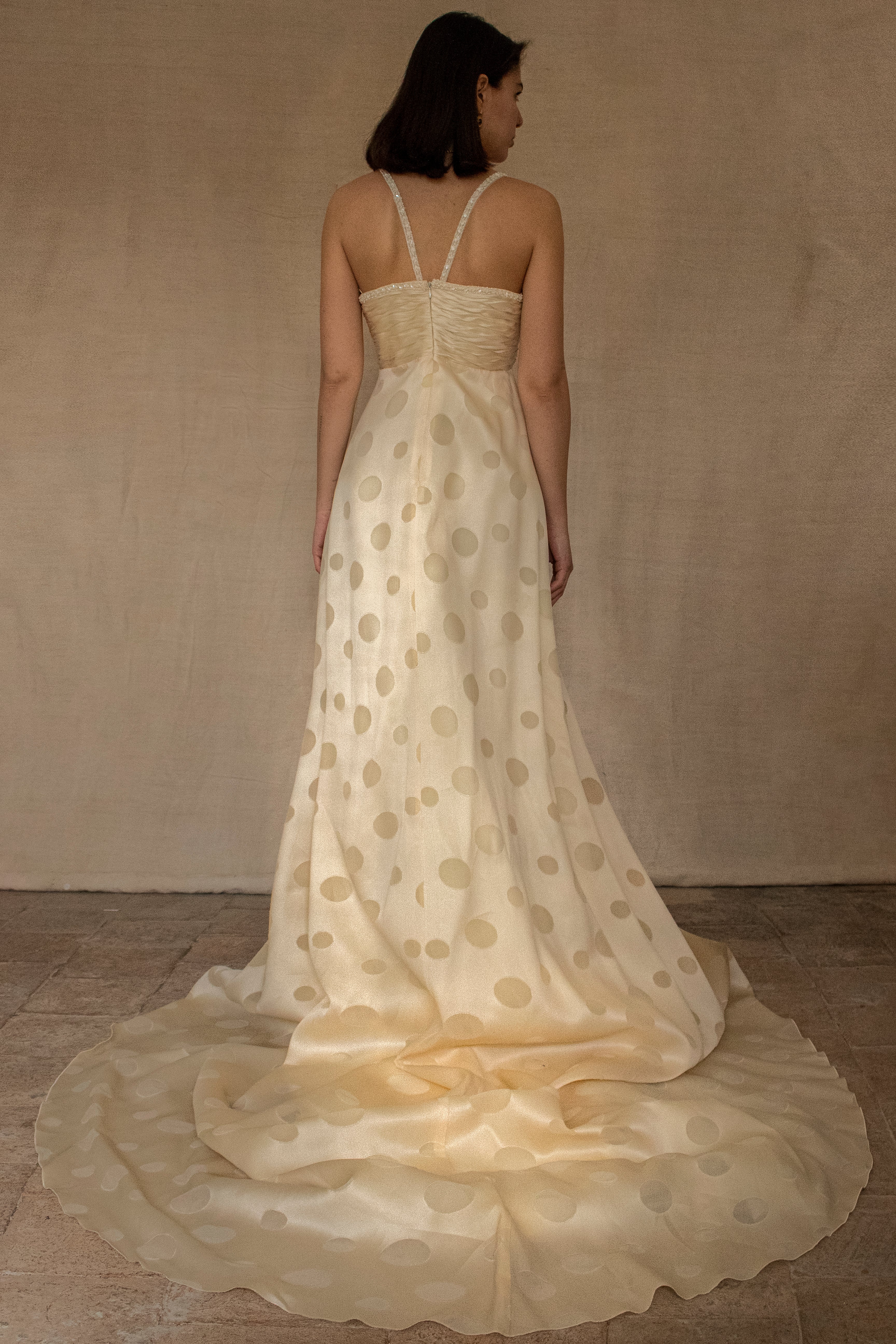 338 - IVORY CHAMPAGNE SILK ORGANZA WEDDING DRESS: POLKA / POIS DOT EMPIRE GOWN WITH BEADED STRAPS & FULL CIRCLE TRAIN