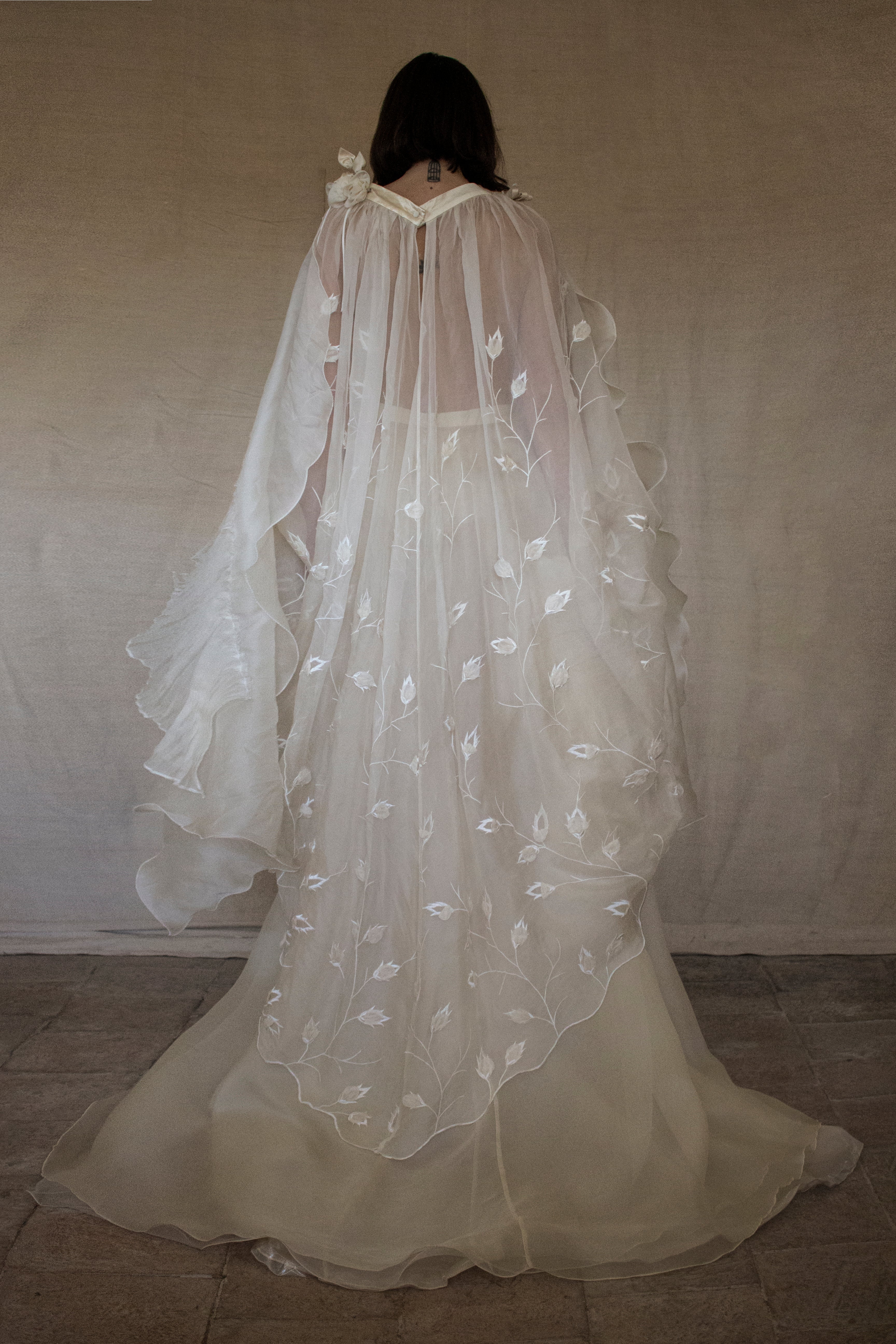 323 - BUCOLIC SILK ORGANDIE WEDDING SET: VINTAGE BUTTERFLY CAPE & DRAPED SKIRT