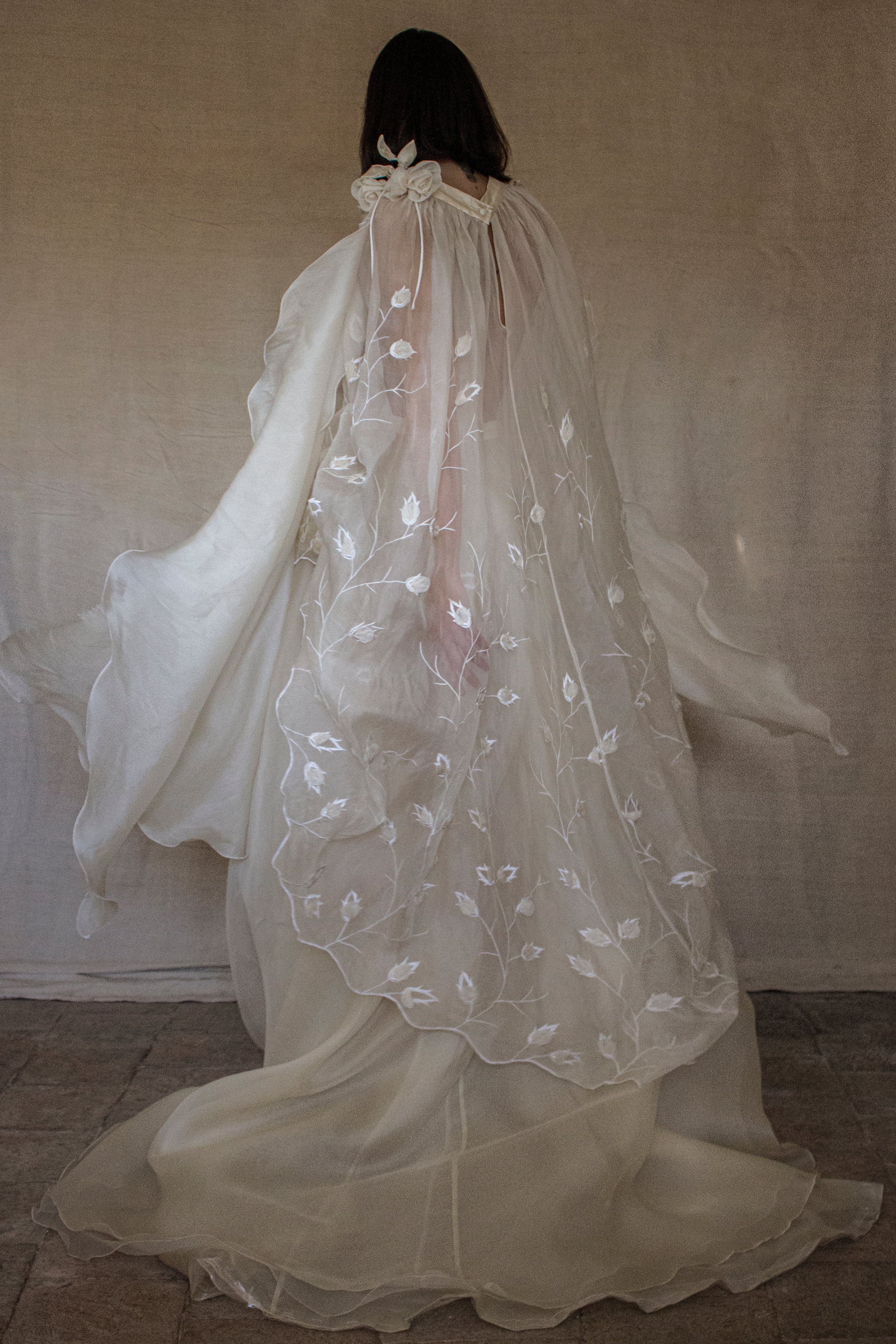 323 - BUCOLIC SILK ORGANDIE WEDDING SET: VINTAGE BUTTERFLY CAPE & DRAPED SKIRT