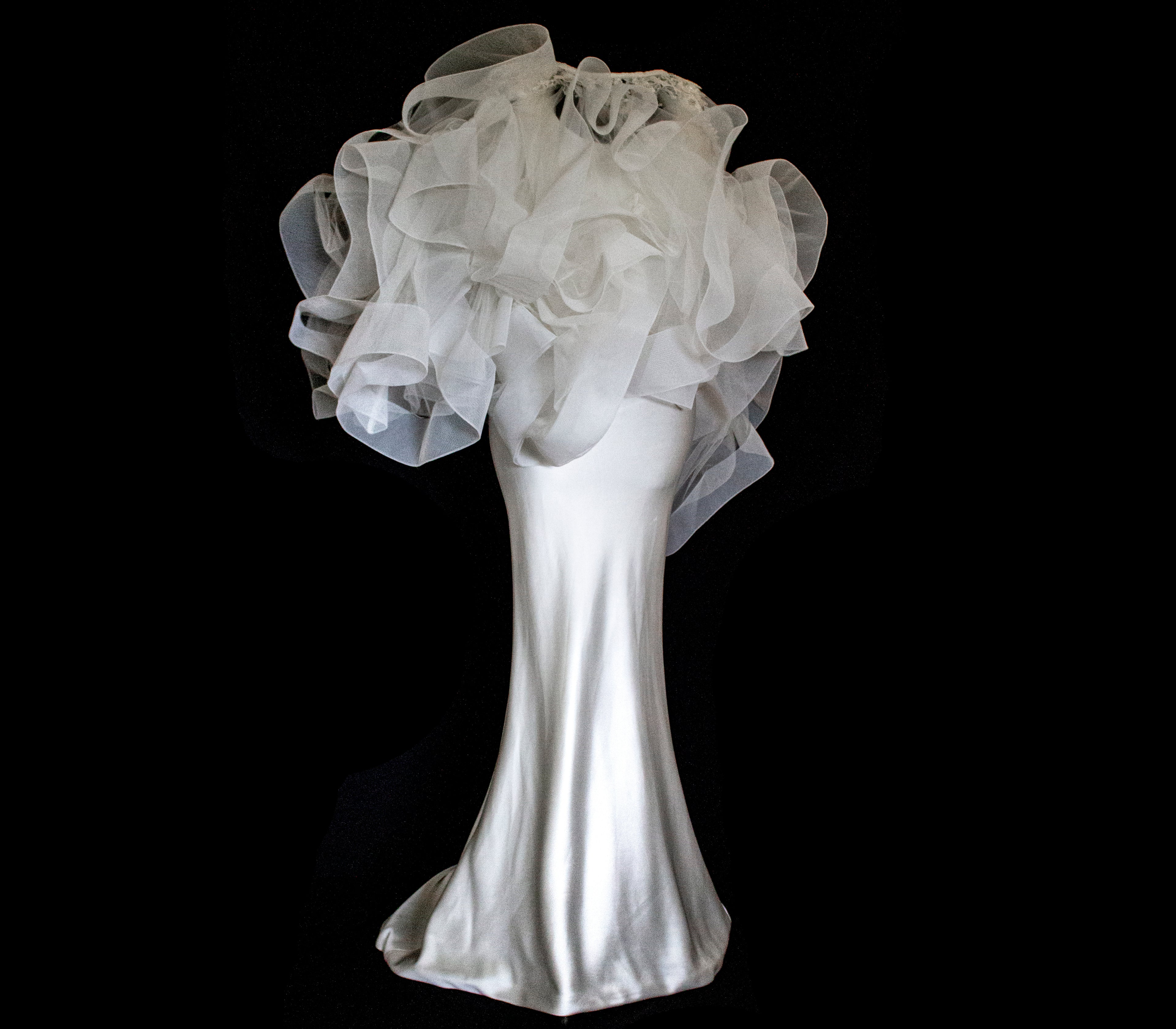 360 - VINTAGE SLIP STYLE WEDDING DRESS: CREAM FLUID SATIN GOWN WITH EMBROIDERED TULLE CAPE