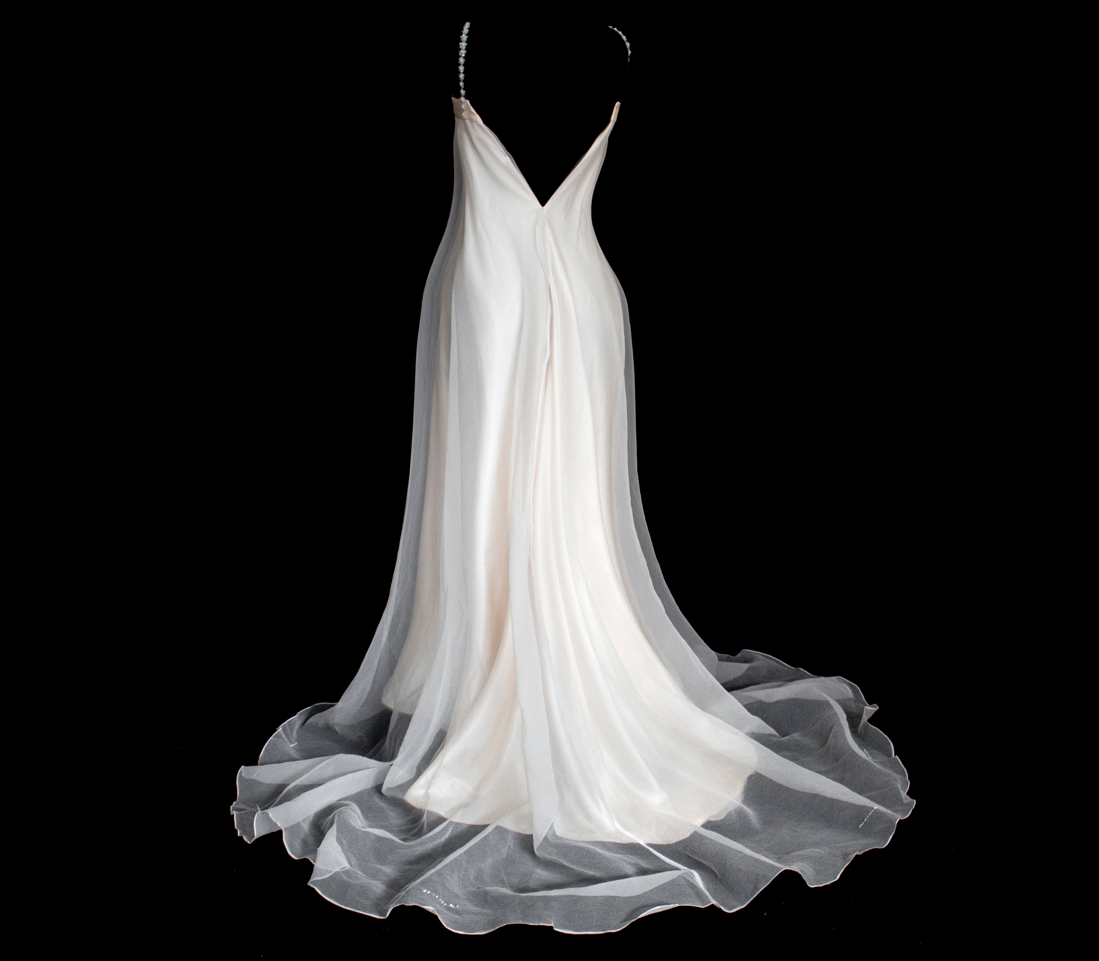 347 - UNIQUE UPCYCLED SILK SATIN WEDDING DRESS: POWDER PINK SLIP GOWN & IVORY CAPE ENSEMBLE, SILVER FLORAL EMBROIDERY, BOHO LUXURY