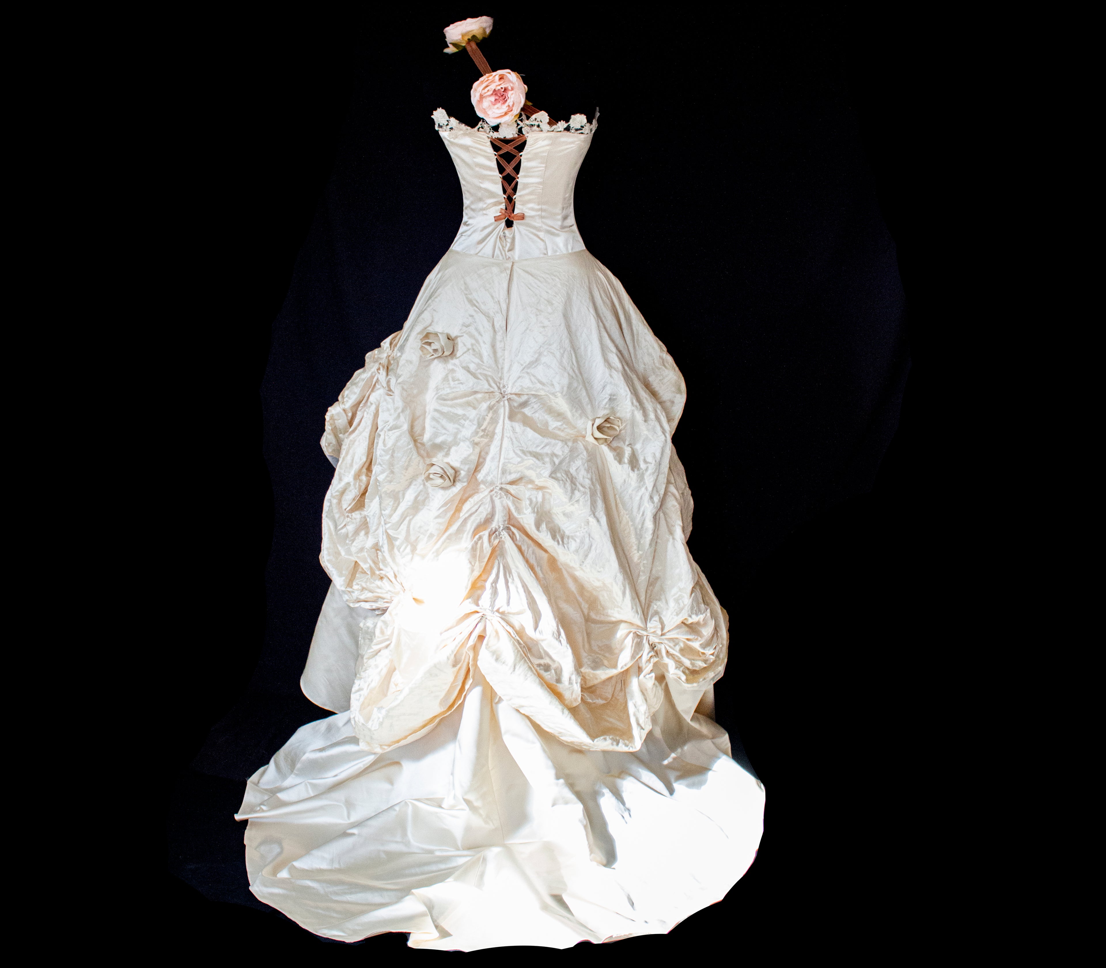 348 - UNIQUE UPCYCLED SILK MERMAID WEDDING DRESS: 90S CREAM TAFFETA GOWN WITH PINK PEONIES, EMBOSSED FLORAL DETAILS & BOHO ROMANTIC STYLE
