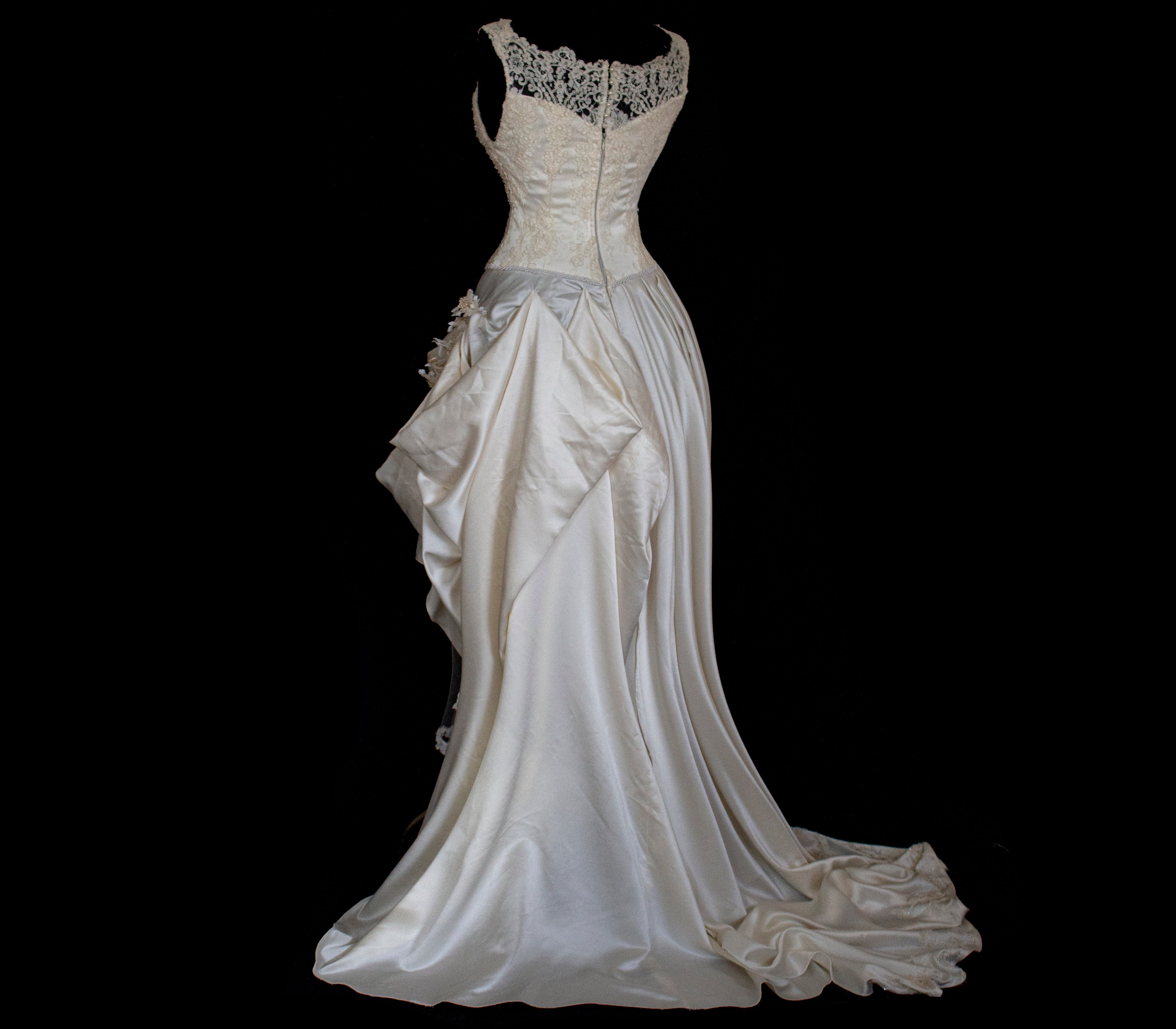337 - IVORY CHAMPAGNE UPCYCLED COUTURE WEDDING DRESS: MIXED VINTAGE SILKS WITH HAND-EMBROIDERED LACE & FLORAL RAMAGE - Vague atelier