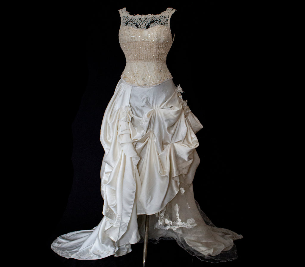 337 - IVORY CHAMPAGNE UPCYCLED COUTURE WEDDING DRESS: MIXED VINTAGE SILKS WITH HAND-EMBROIDERED LACE & FLORAL RAMAGE - Vague atelier