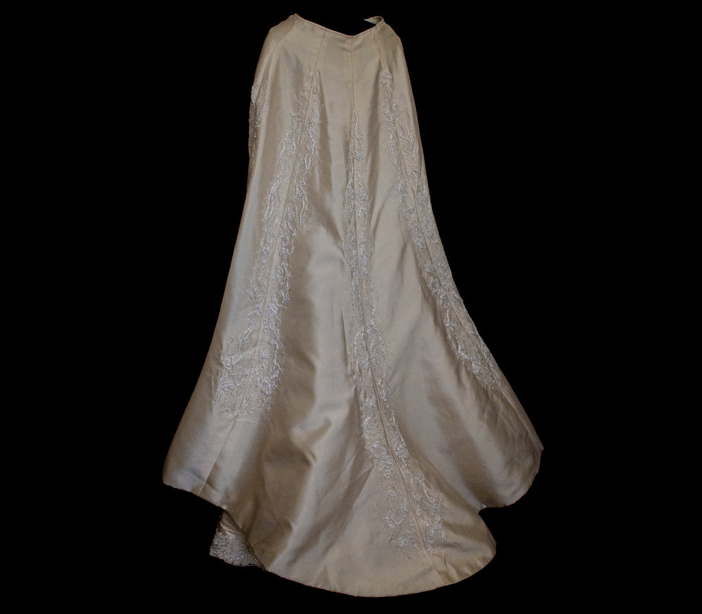 334 - IVORY SILK MIKADO VINTAGE WEDDING DRESS: COLUMN GOWN WITH EMBROIDERED CAPE & CRYSTALS - Vague atelier