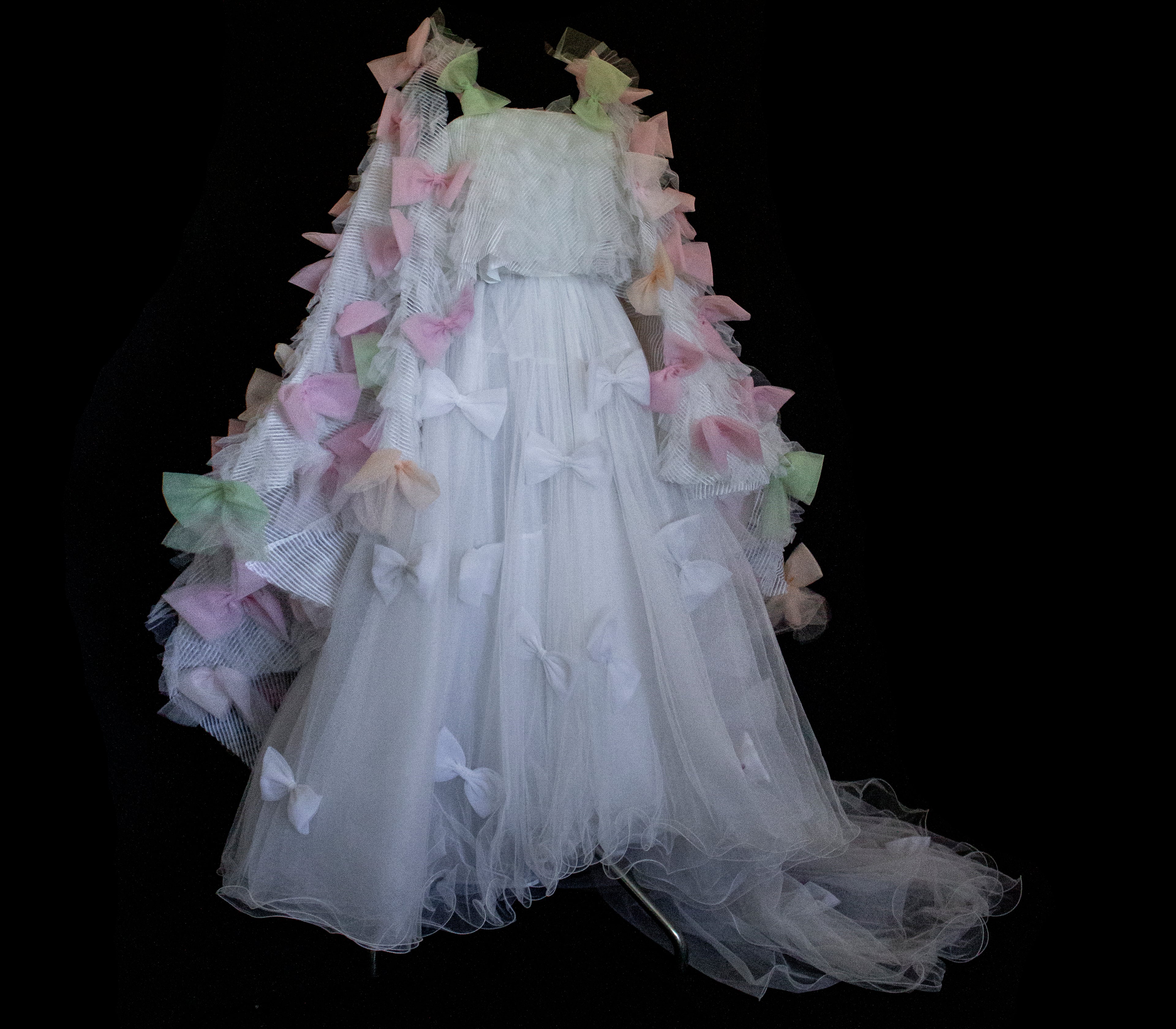 363 - VINTAGE 90s UPCYCLED TULLE 3-PIECE WEDDING DRESS: EMBROIDERED GOWN WITH HANDMADE BOWS AND CAPE