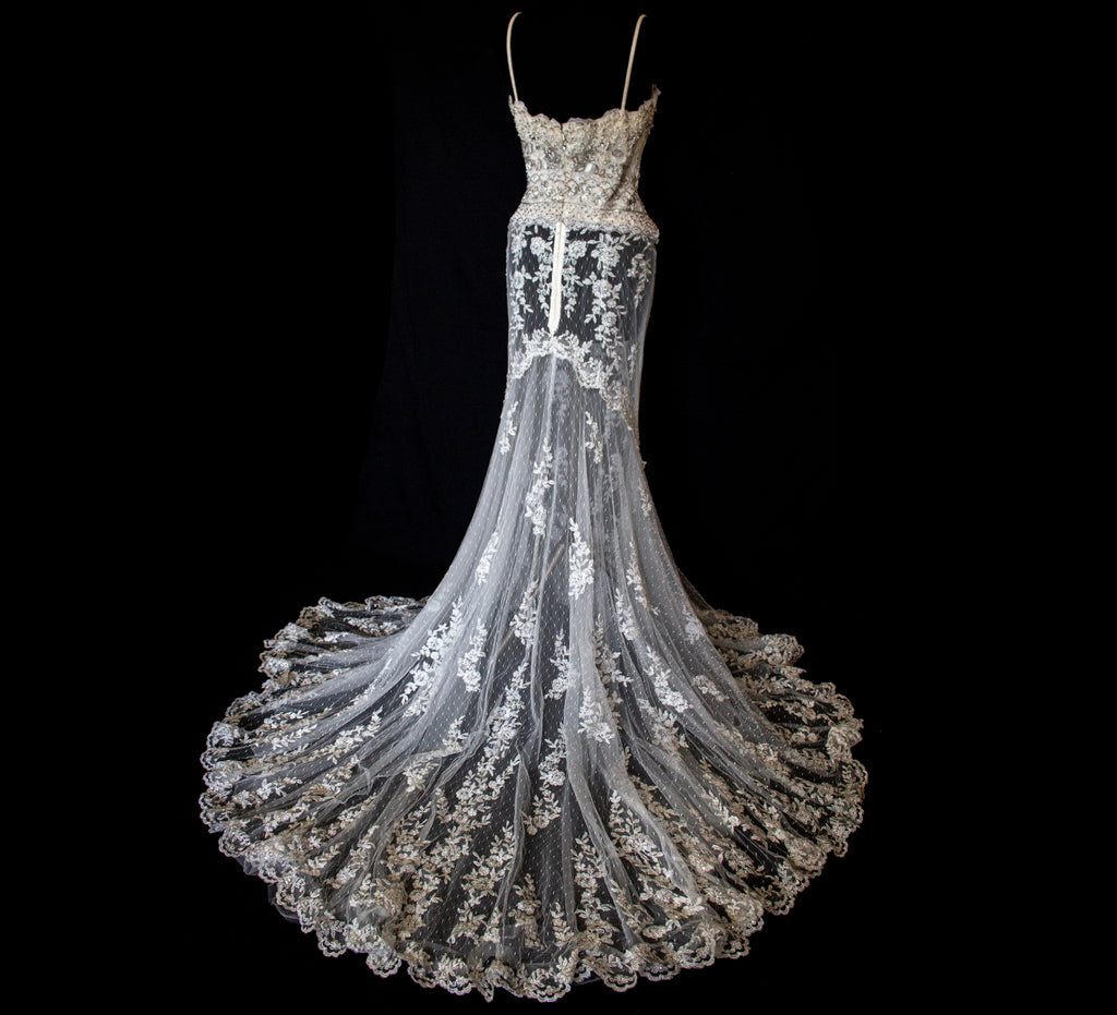 239 - VINTAGE OFF-WHITE MERMAID SWAROVSKI WEDDING DRESS: GOWN WITH NUDE POLKA DOT TULLE & SILVER FLORAL EMBROIDERY