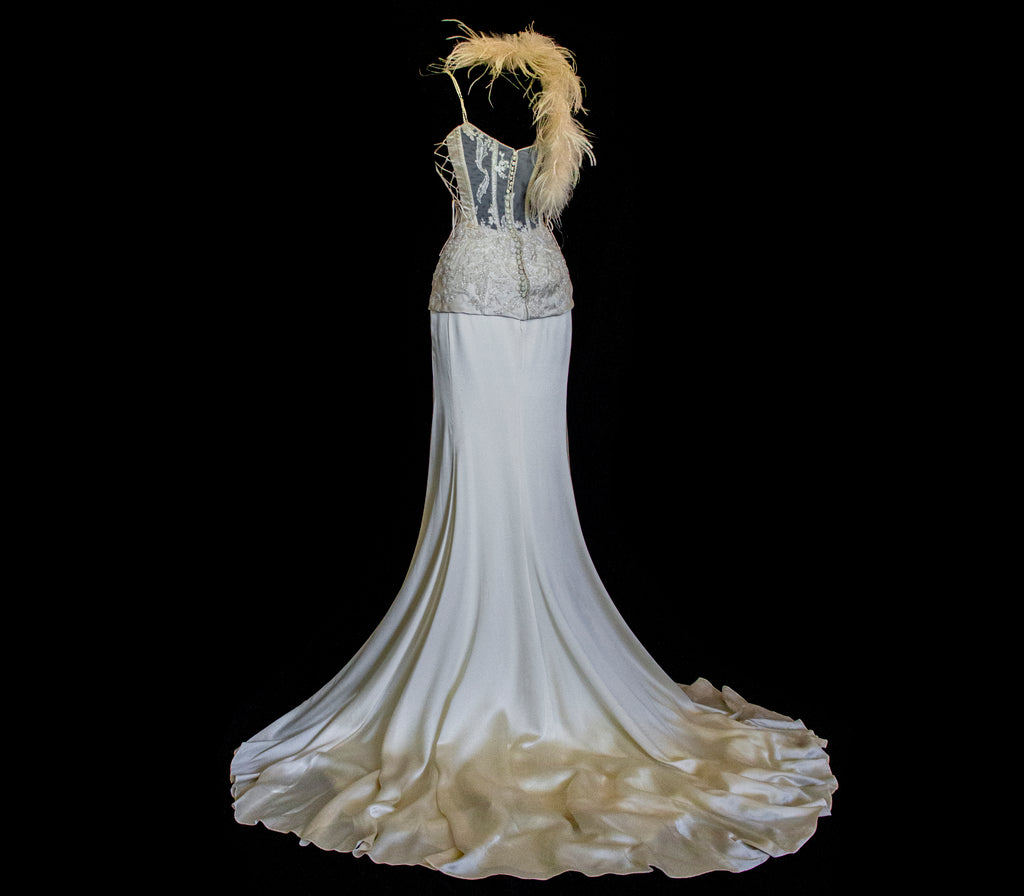 362 - VINTAGE 90s SILK BRIDAL TWO PIECE SET: EMBROIDERED BUSTIER AND FLUID CREAM SKIRT