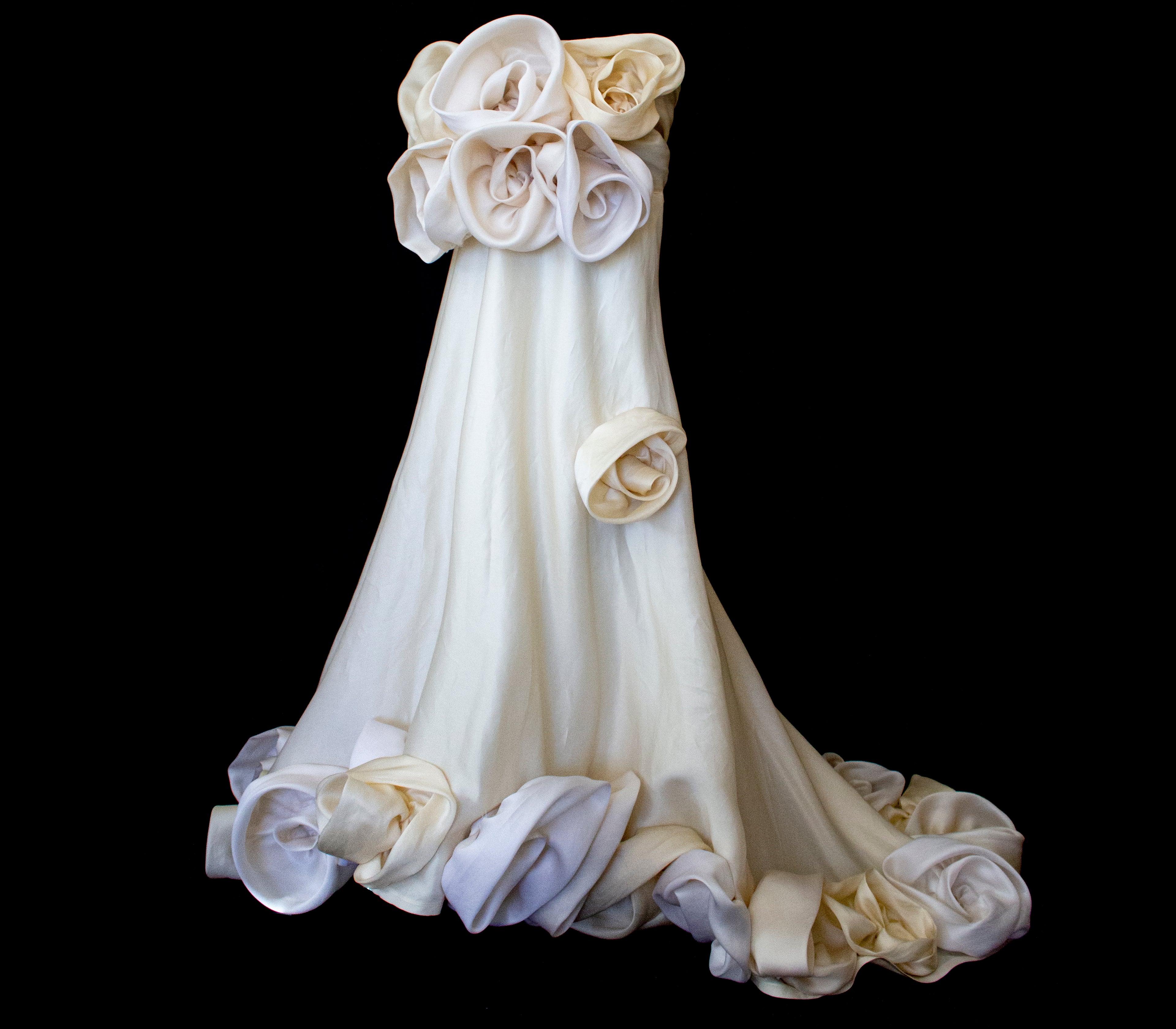 318 - COUTURE SILK ORGANZA BRIDAL GOWN: HANDMADE 3D MAXI FLOWERS & VINTAGE FLORAL TRAIN