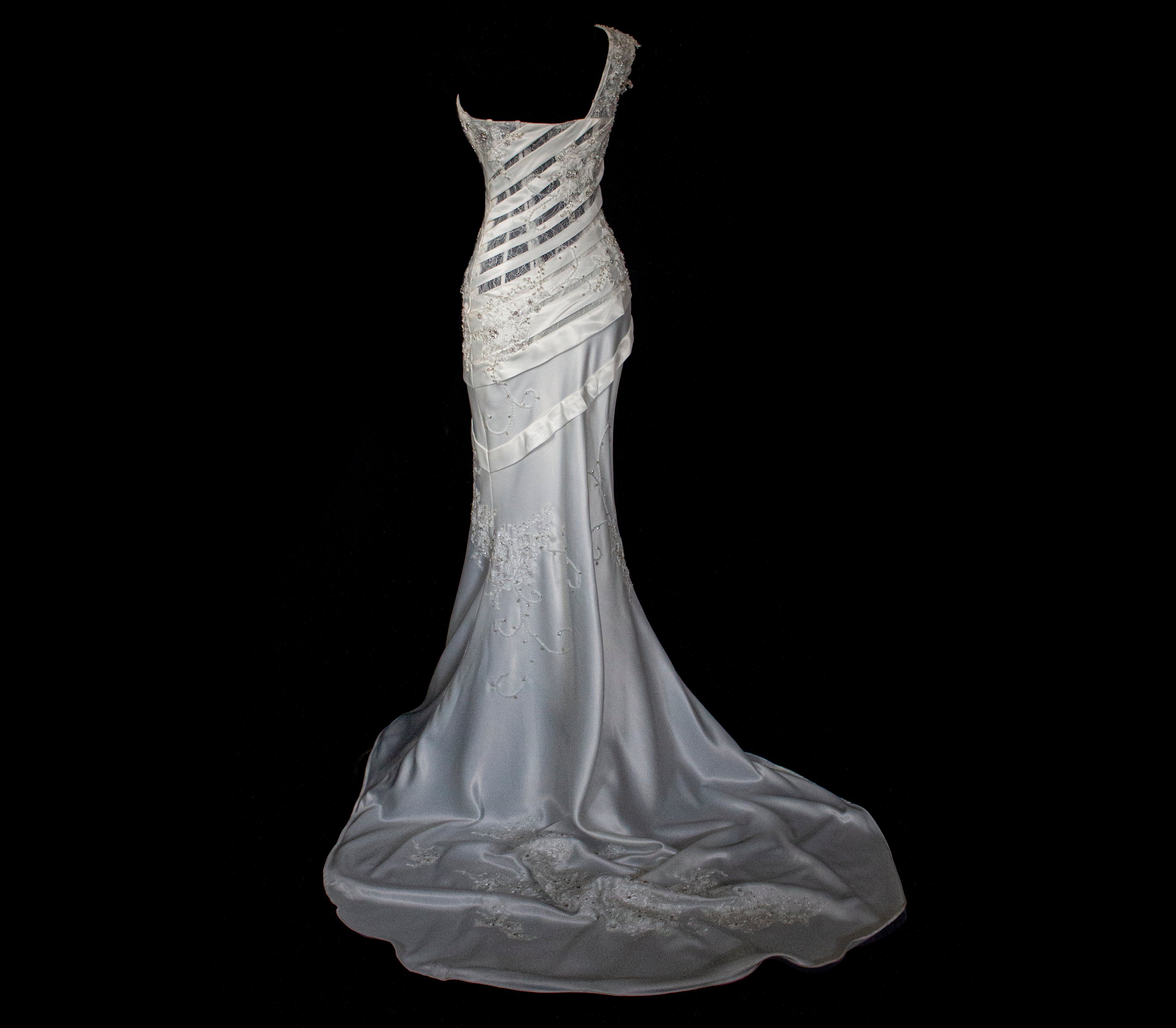 328 - SENSUAL Y2K VINTAGE BRIDAL MERMAID: SHEER ONE-SHOULDER STRETCH SATIN WITH EMBROIDERY