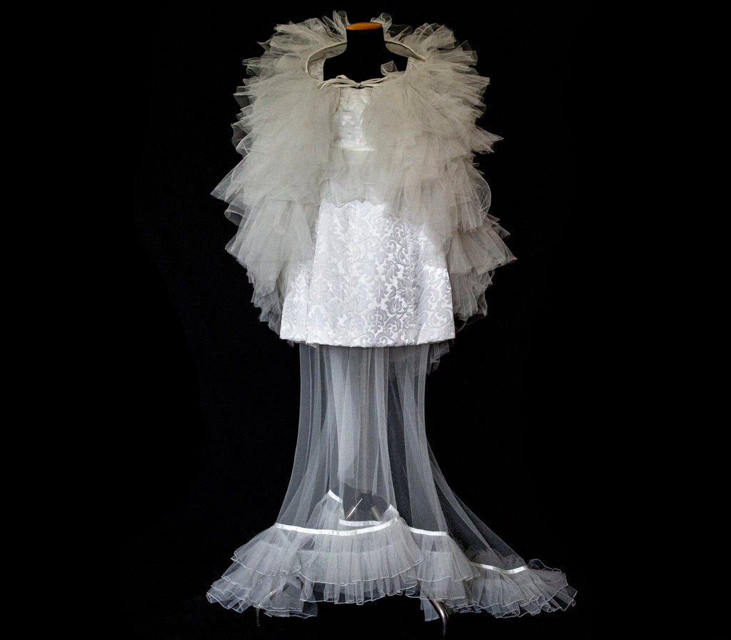 Vintage 90s Mini Wedding Dress | Damask Bridal Dress with Cape & Bow - 368