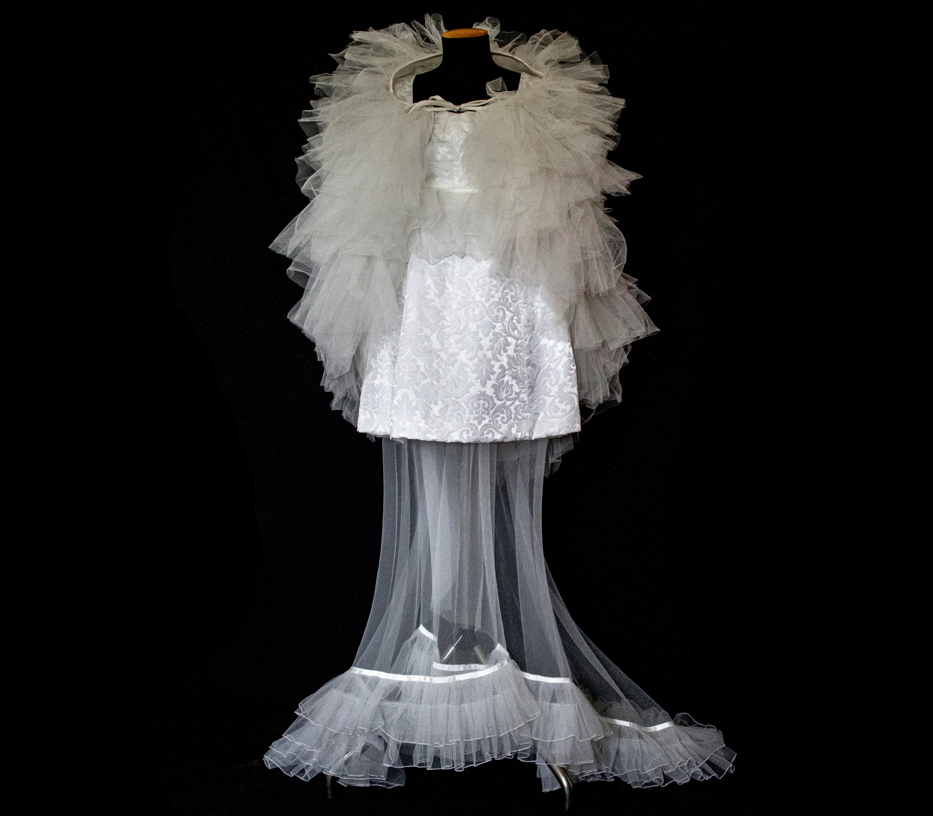Vintage 90s Mini Wedding Dress | Damask Bridal Dress with Cape & Bow - 368