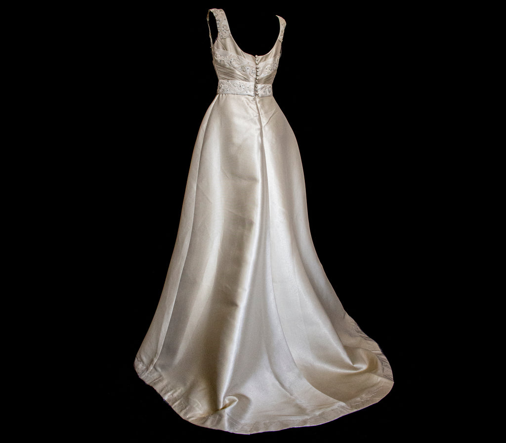 307 - REGAL BRONZE SILK MIKADO WEDDING DRESS: A-LINE GOWN WITH ANTIQUE 1960S EMBROIDERY
