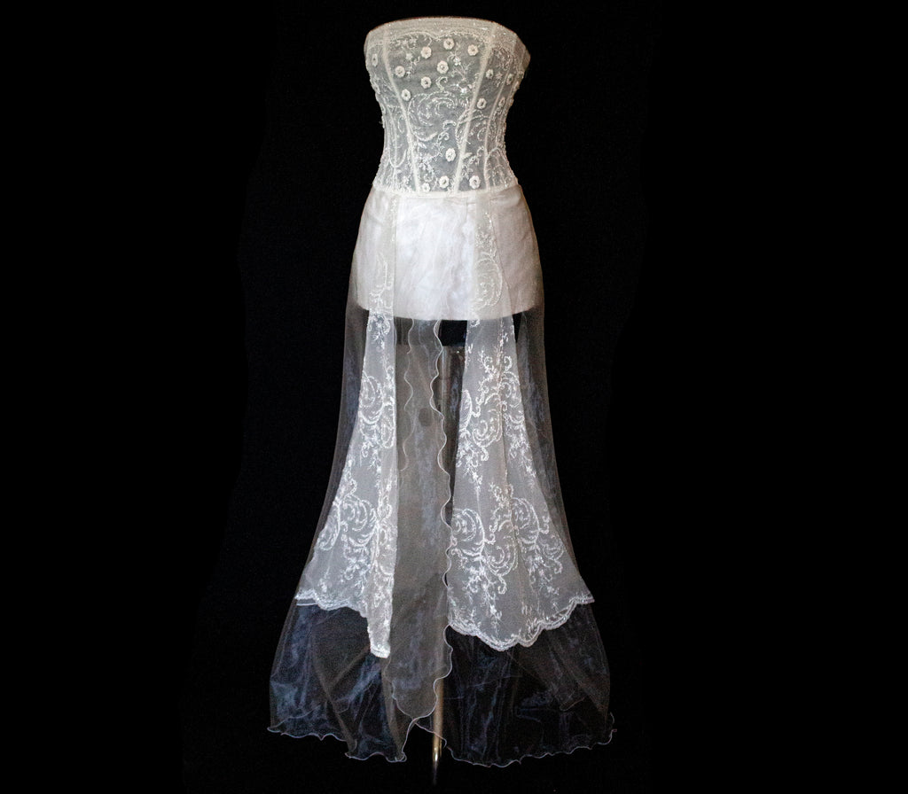 365 - VINTAGE 90s UPCYCLED EMBROIDERED WEDDING DRESS: STRAPLESS WRAP GOWN WITH IRIDESCENT DRAMA CAPE