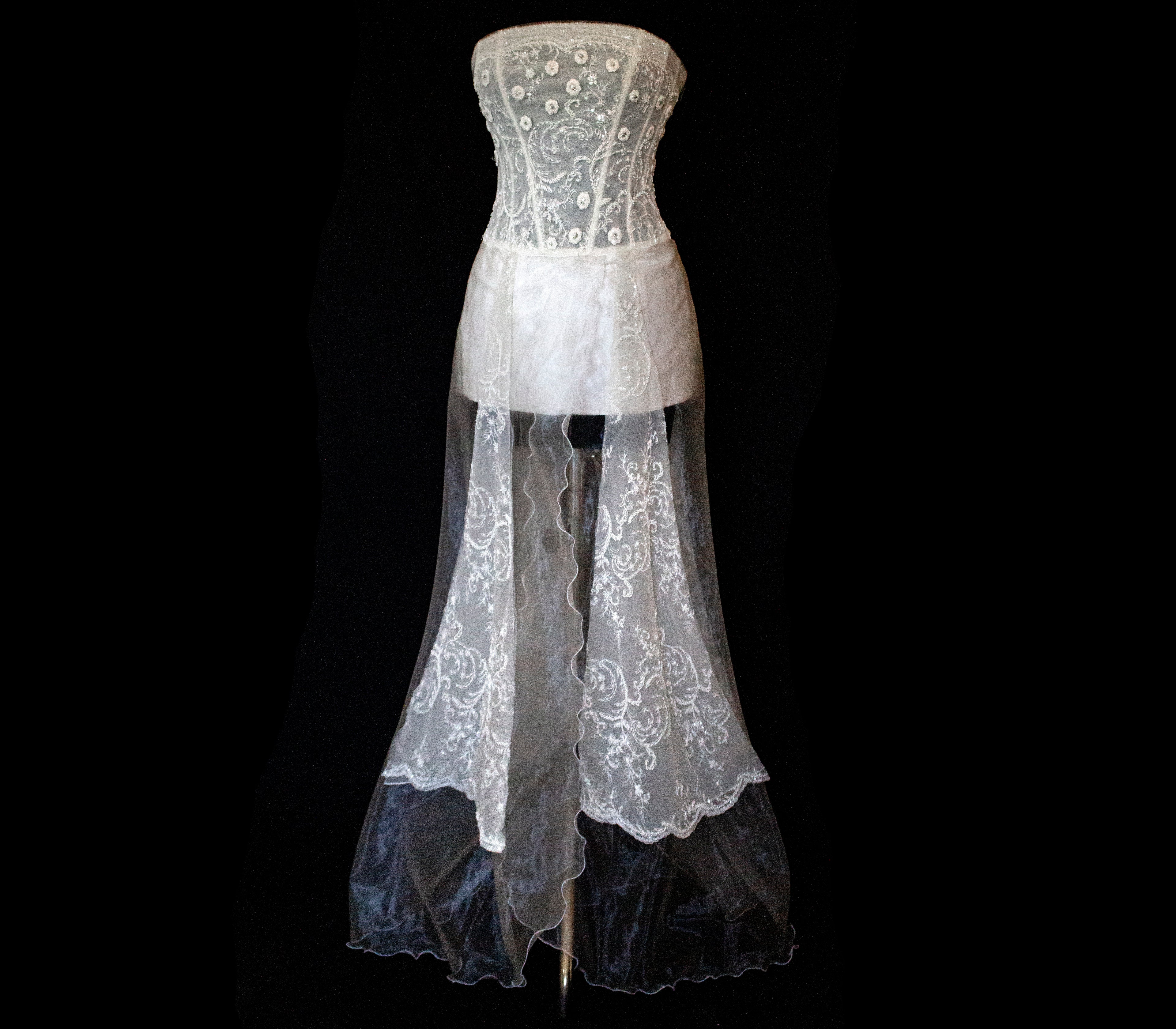 365 - VINTAGE 90s UPCYCLED EMBROIDERED WEDDING DRESS: STRAPLESS WRAP GOWN WITH IRIDESCENT DRAMA CAPE