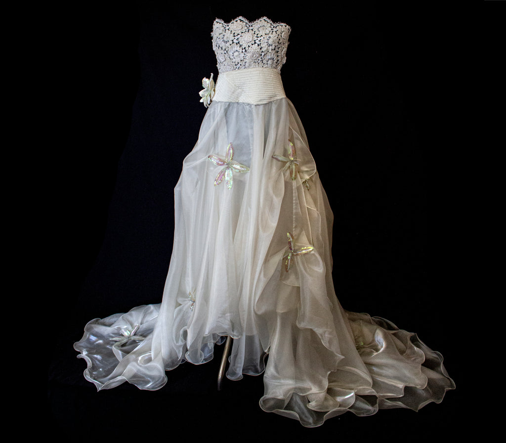 352 - UNIQUE 80S VINTAGE UPCYCLED WEDDING DRESS: EMPIRE WAIST SILK BRIDAL GOWN WITH IRIDESCENT ORGANZA & SEQUIN MAXI FLOWERS - Vague atelier
