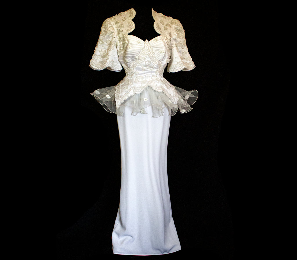 Vintage 80s Sheath Wedding Dress | Hand Embroidered Bridal Gown with Slit - 366