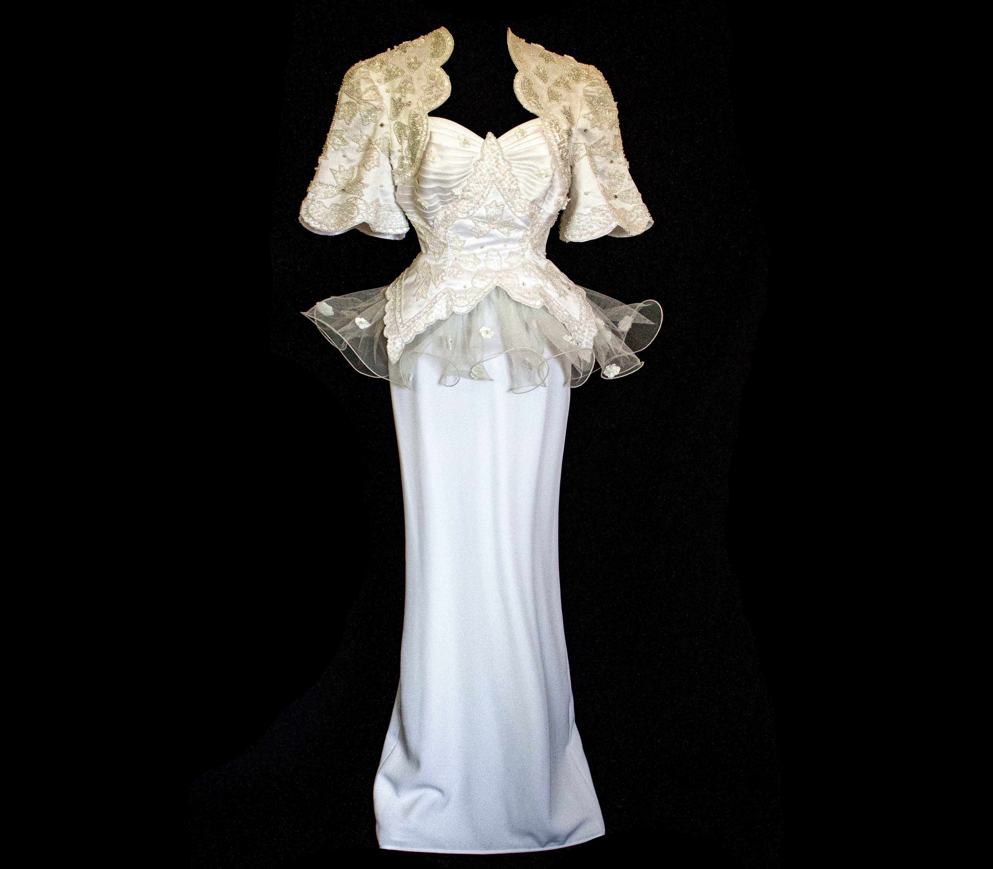 Vintage 80s Sheath Wedding Dress | Hand Embroidered Bridal Gown with Slit - 366