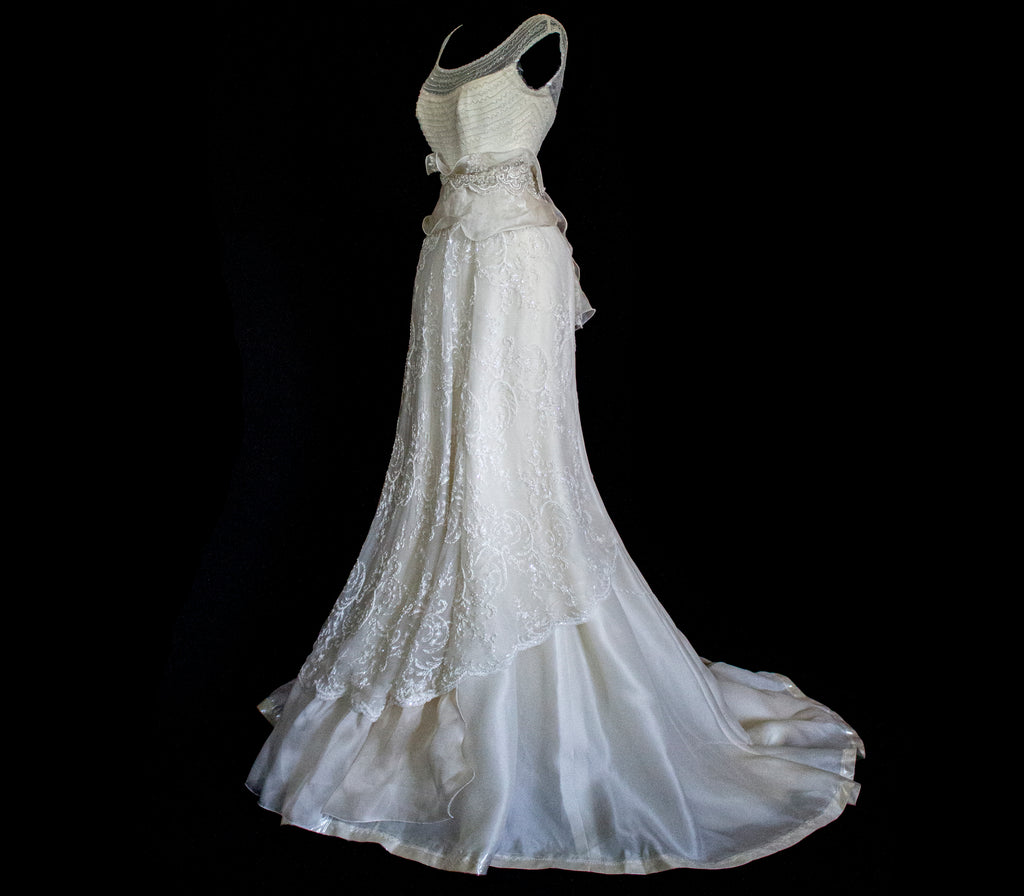 Vintage 90s A-Line Wedding Dress | Embroidered Silk Organza Bridal Gown - 367