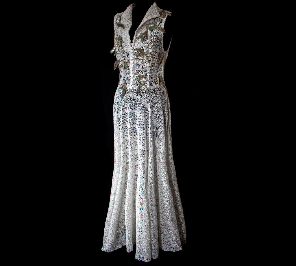 265 - RARE BOHO VINTAGE MACRAMÉ LACE SHIRT-DRESS: SOPHISTICATED CHEMISIER BRIDAL GOWN WITH SILVER SEQUINS - Vague atelier