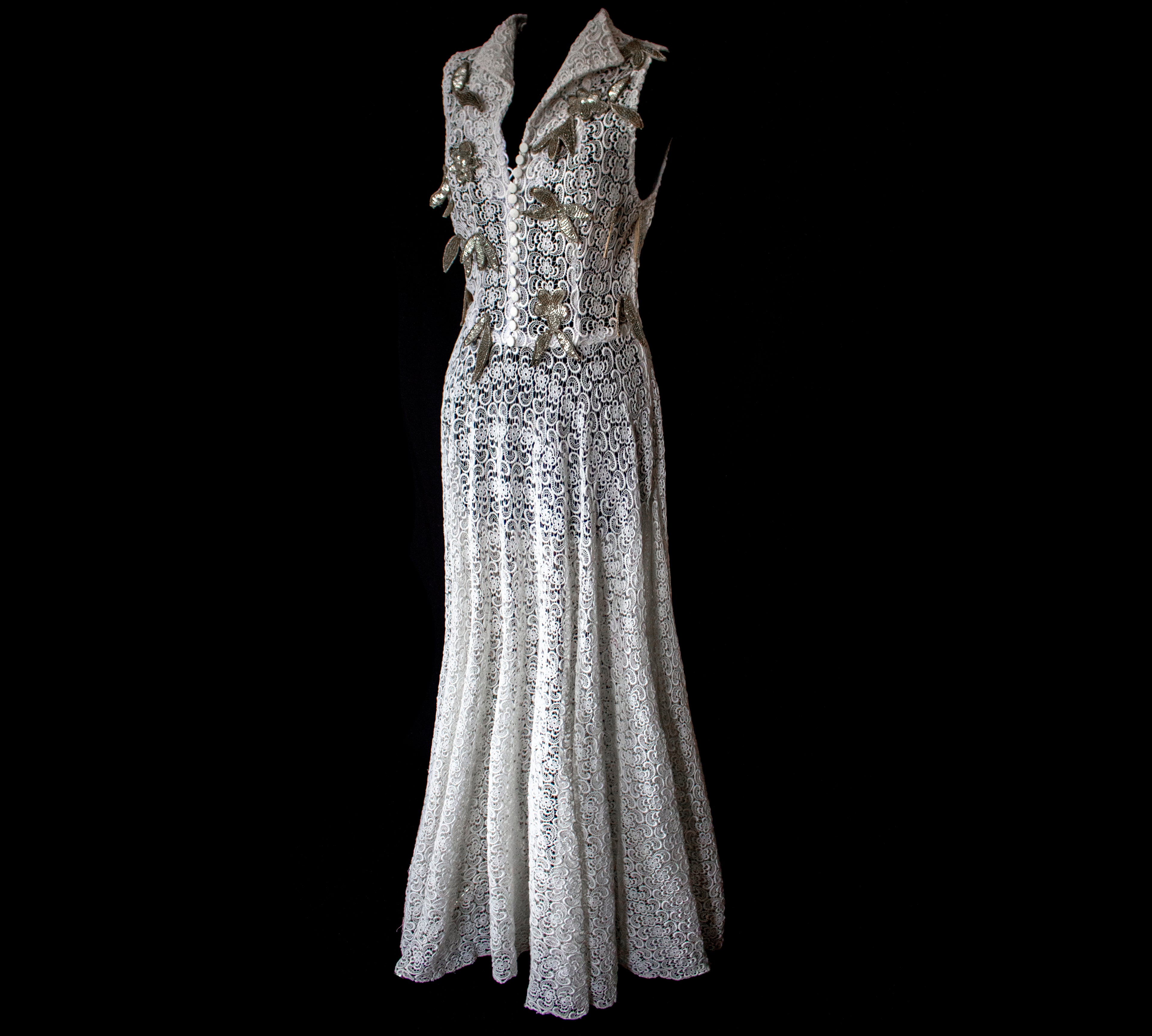 265 - RARE BOHO VINTAGE MACRAMÉ LACE SHIRT-DRESS: SOPHISTICATED CHEMISIER BRIDAL GOWN WITH SILVER SEQUINS