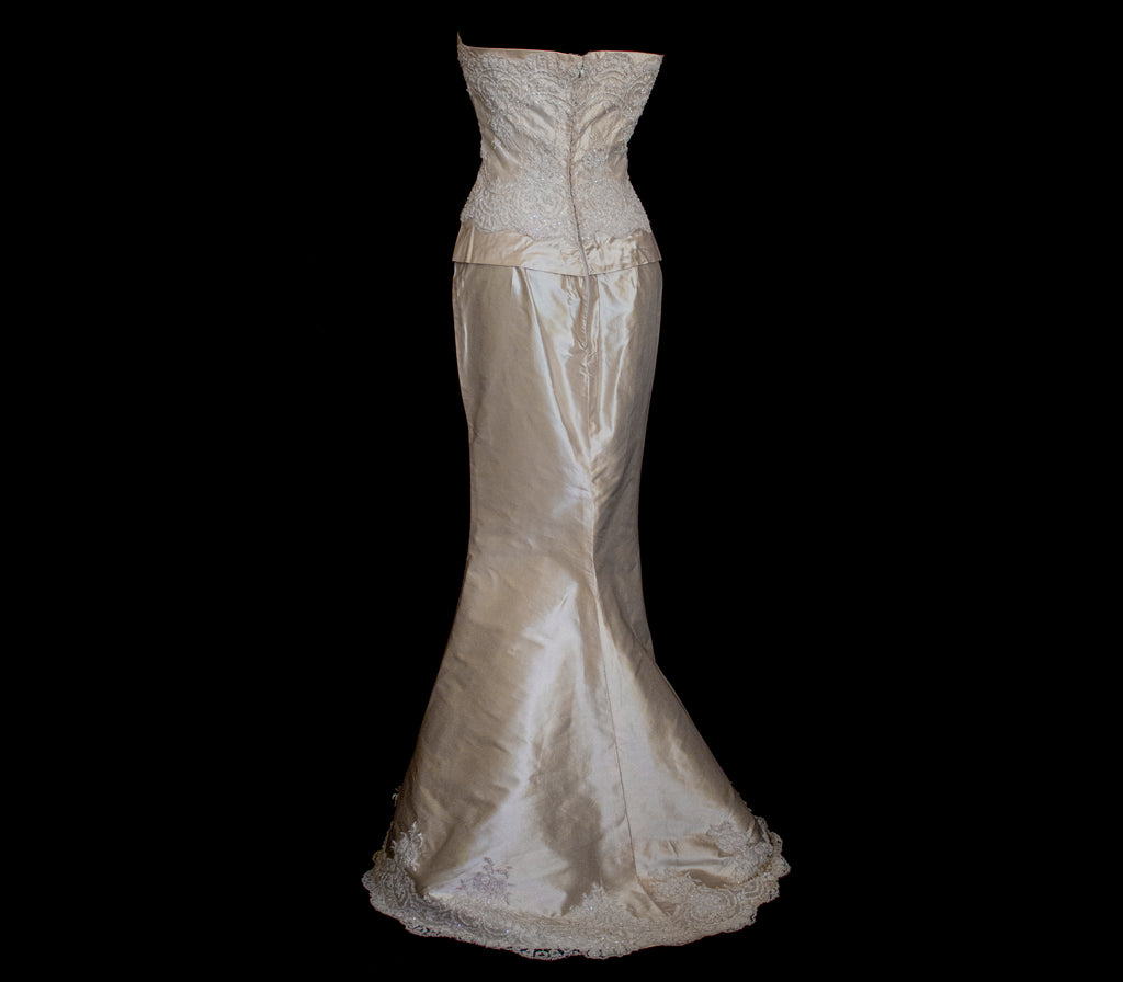 334 - IVORY SILK MIKADO VINTAGE WEDDING DRESS: COLUMN GOWN WITH EMBROIDERED CAPE & CRYSTALS - Vague atelier