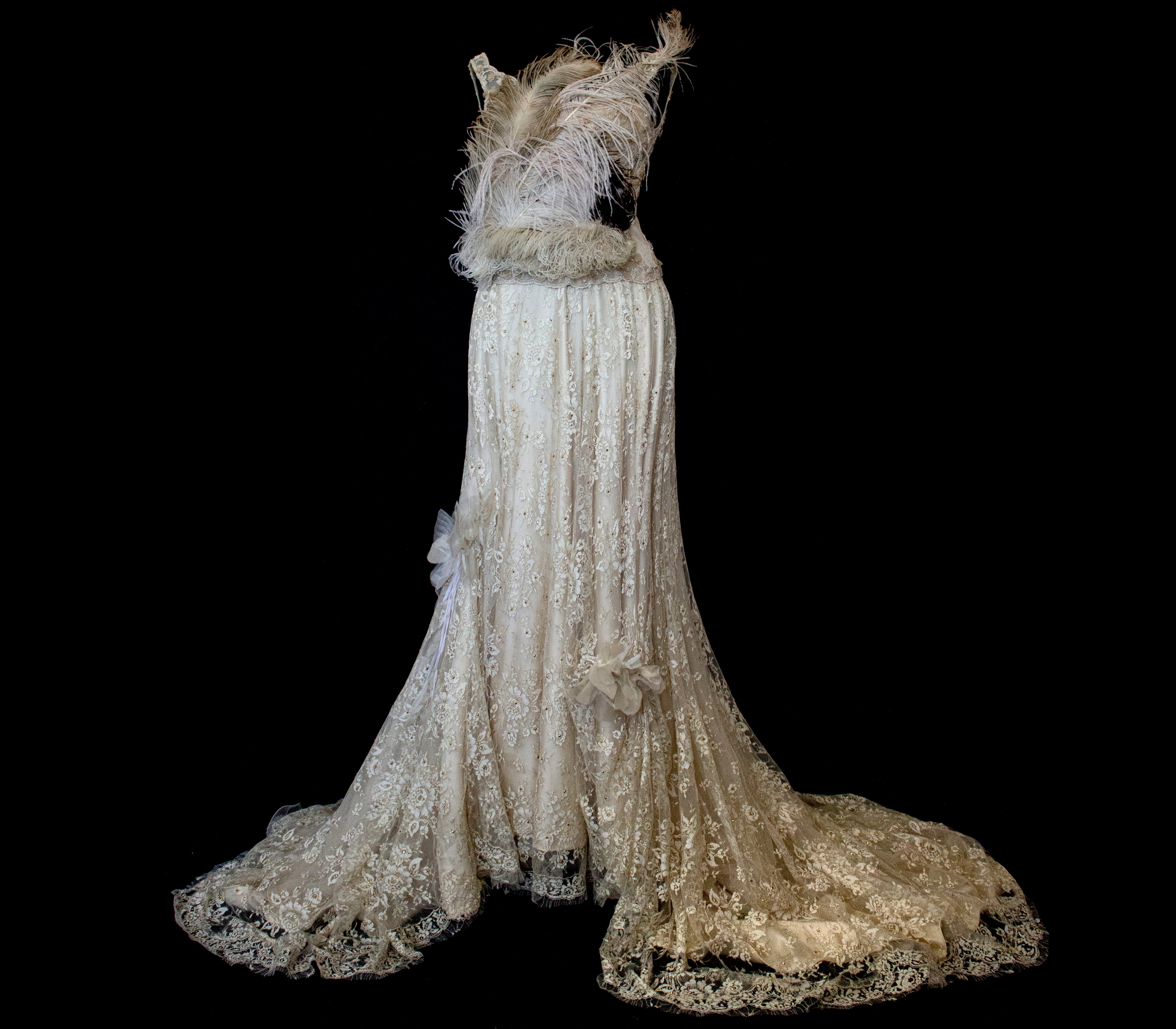 349 - UNIQUE VINTAGE TWO-PIECE WEDDING DRESS: GOLD LACE A-LINE SKIRT & BUSTIER WITH ANTIQUE FEATHERS, 90S LUXURY BRIDAL ENSEMBLE, BOHO ROMANTIC