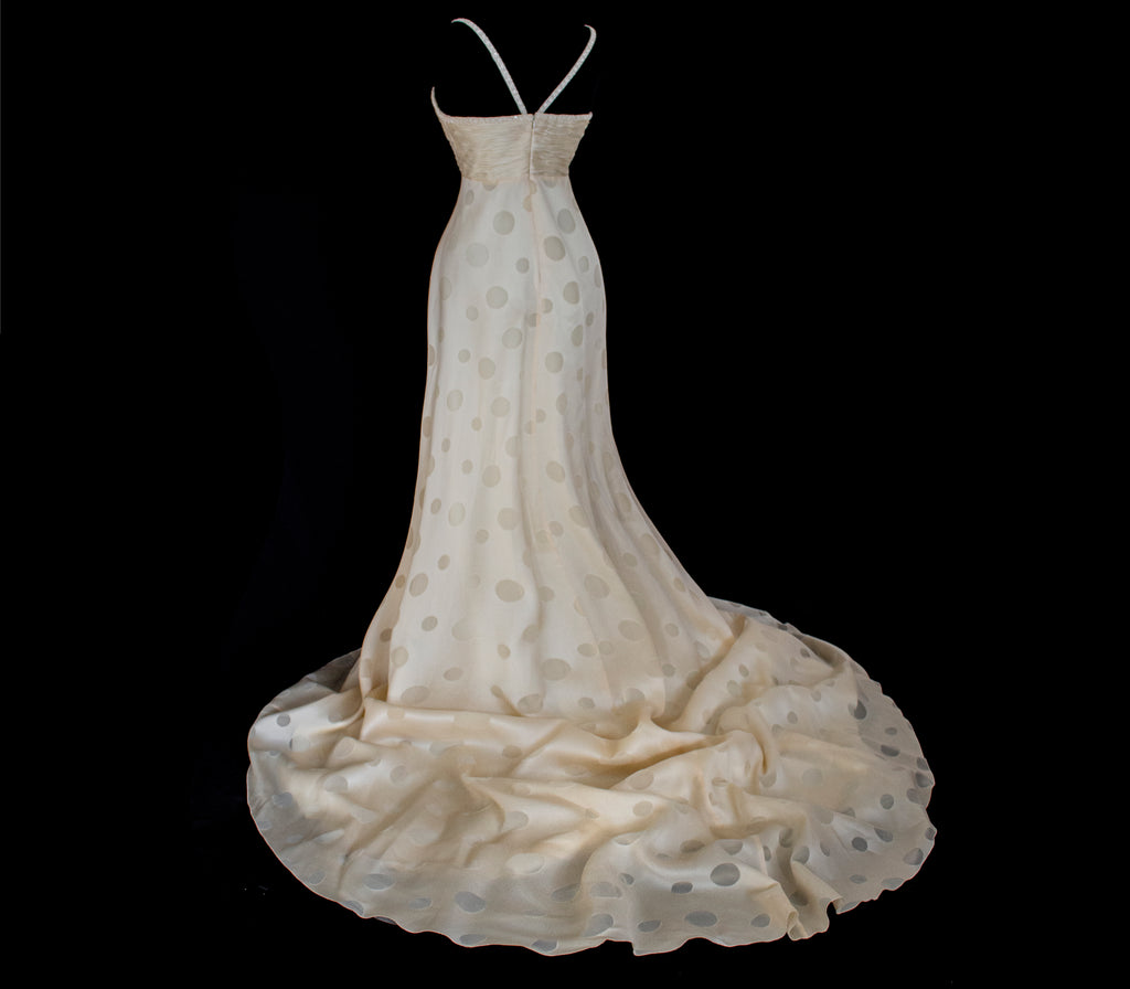 338 - IVORY CHAMPAGNE SILK ORGANZA WEDDING DRESS: POLKA / POIS DOT EMPIRE GOWN WITH BEADED STRAPS & FULL CIRCLE TRAIN - Vague atelier