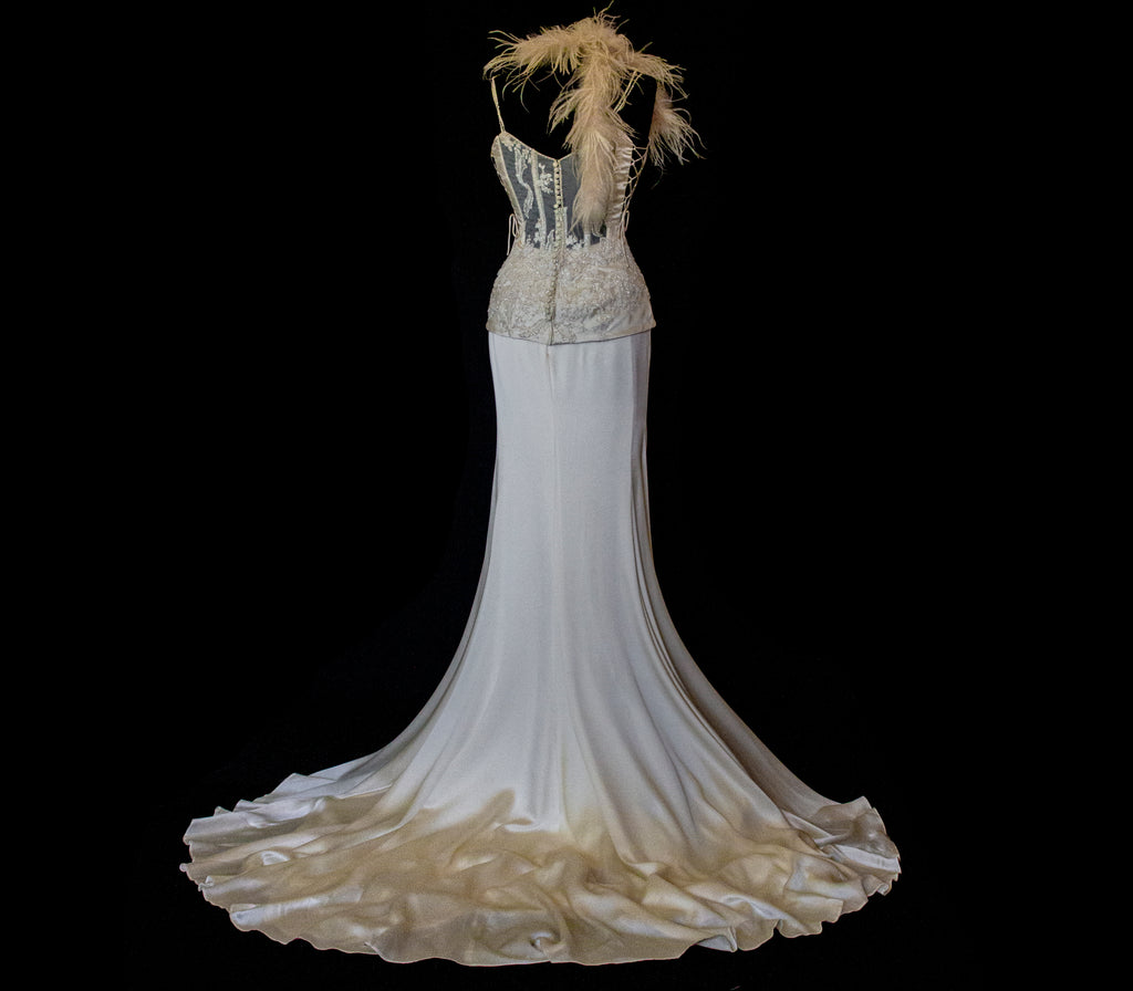 362 - VINTAGE 90s SILK BRIDAL TWO PIECE SET: EMBROIDERED BUSTIER AND FLUID CREAM SKIRT
