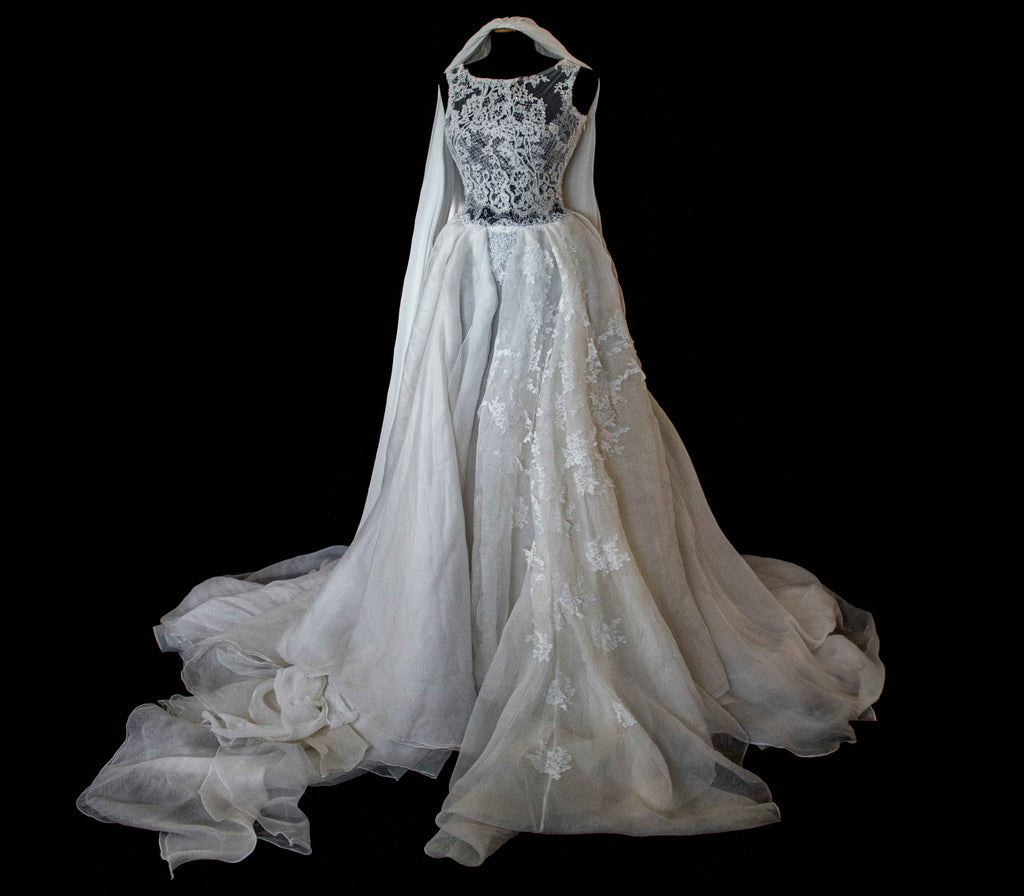 331 - ONE OF A KIND UPCYCLED VINTAGE BRIDAL GOWN: ASYMMETRIC LAYERED SILK CLOUD SKIRT & EMBROIDERED LACE