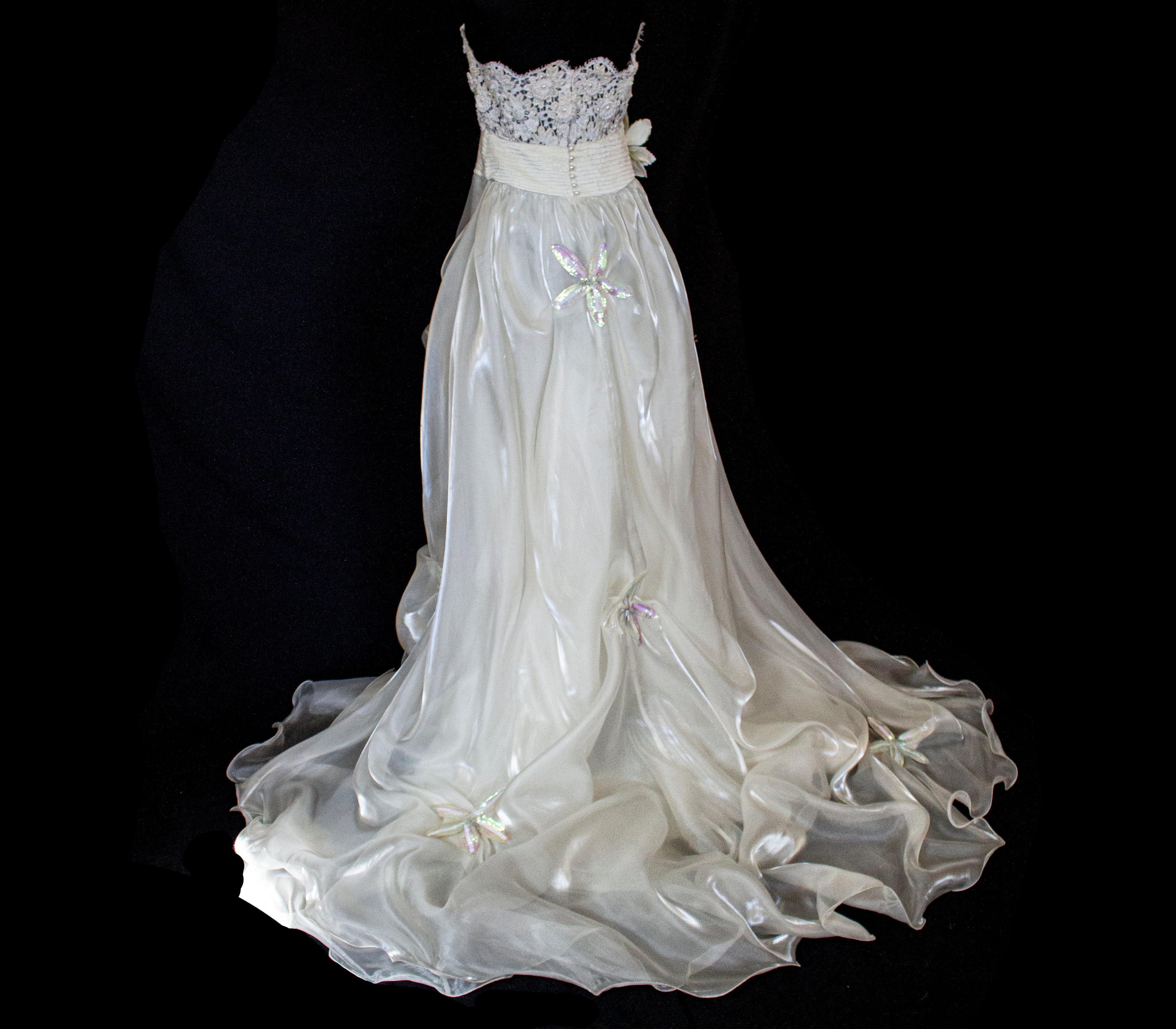 352 - UNIQUE 80S VINTAGE UPCYCLED WEDDING DRESS: EMPIRE WAIST SILK BRIDAL GOWN WITH IRIDESCENT ORGANZA & SEQUIN MAXI FLOWERS - Vague atelier